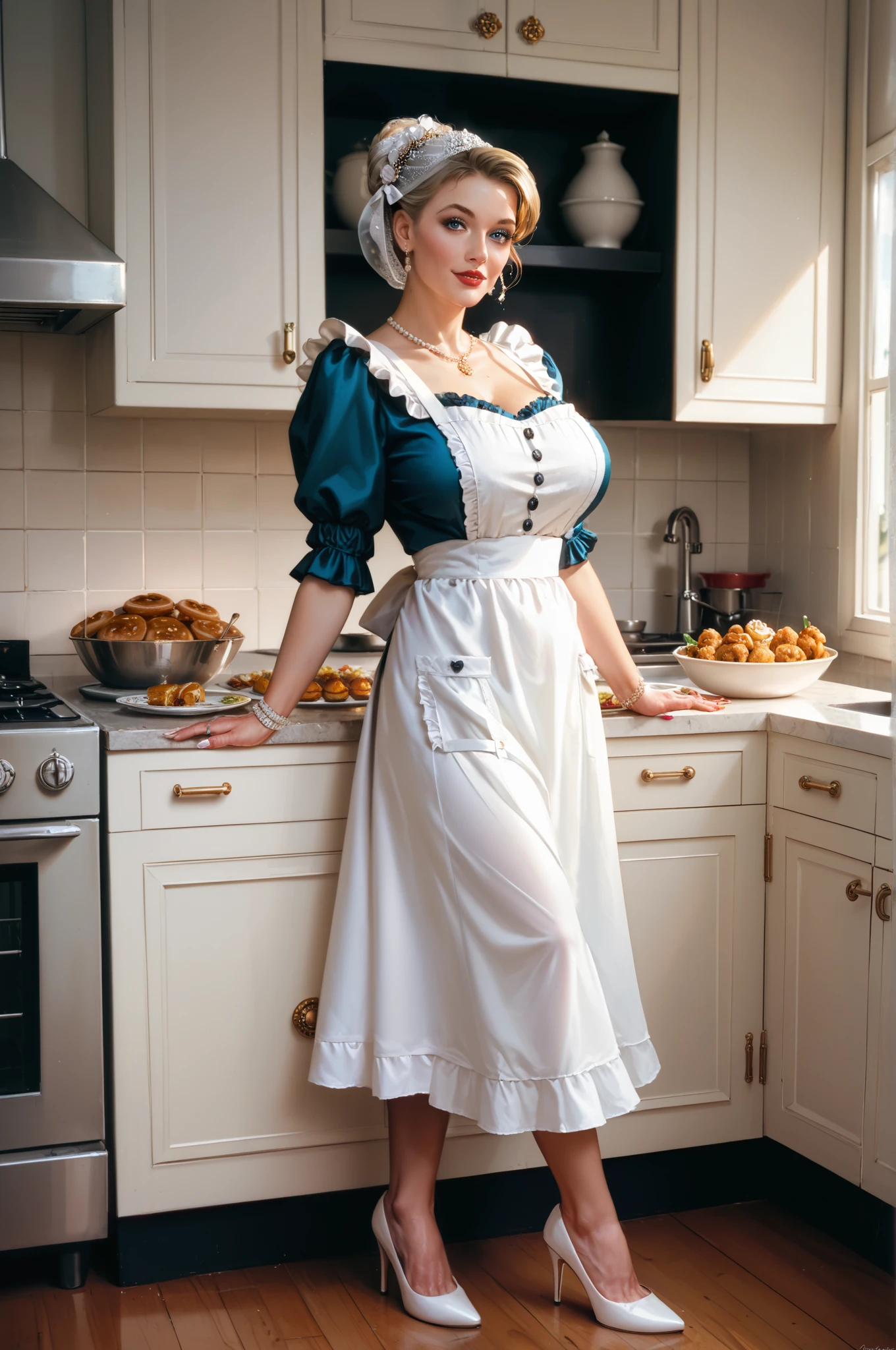 Full-length view, a busty Hungarian woman, depicted as a mature lady with a pronounced hourglass figure, dressed in a housewife's attire with white strap apron stands on high heels in a kitchen preparing food, coloured drawing, inspired by the illustrations of Punch magazine around 1900, with influences of Victorian fashion and a style reminiscent of Gil Elvgren and Art Frahm, with intricate fashion details, incorporating the golden ratio, with dramatic lighting, ultra-fine, digital painting