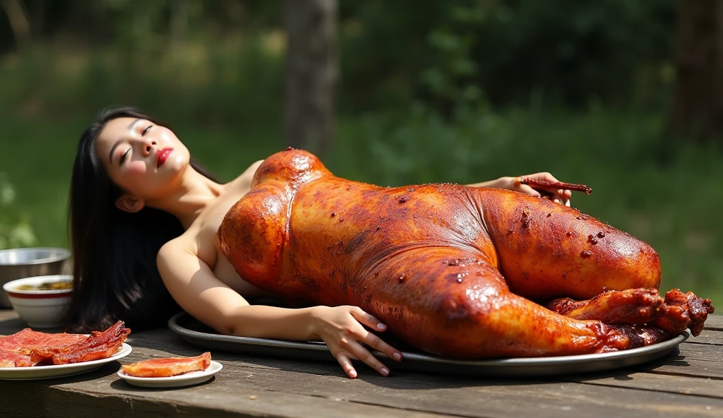 on a luxurious dining table.An extremely beautiful model lies on her back.The chest and between the legs are covered with sashimi.Like a human body feast.