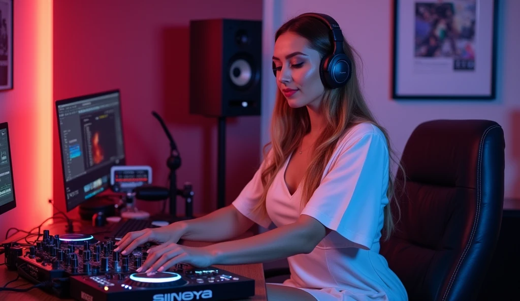 one girl, black hair, light blue eyes, is a dj, red dress, headphones , in a packed nightclub, laser, neon, champagne, fireworks, teasing, posing,cute ass sexy, sexy face , perfect face, perfect body, ultra-detailed face, ultra-detailed eyes, looking at viewver <lora:JadeLaroche:0.6>
