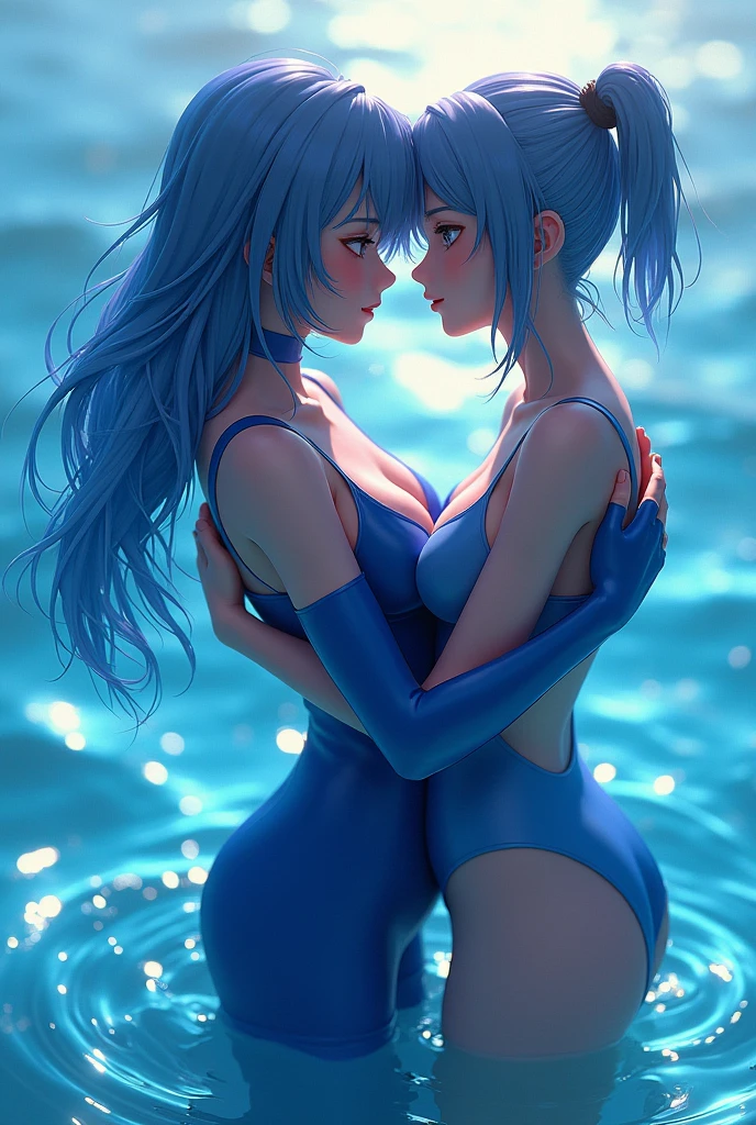 two anime girls kissing in the luxury pool, manson background, people around, dynamic angle camera shot, bikinis, one has blue hair the other has orange hair, 4k, hd, masterpiece