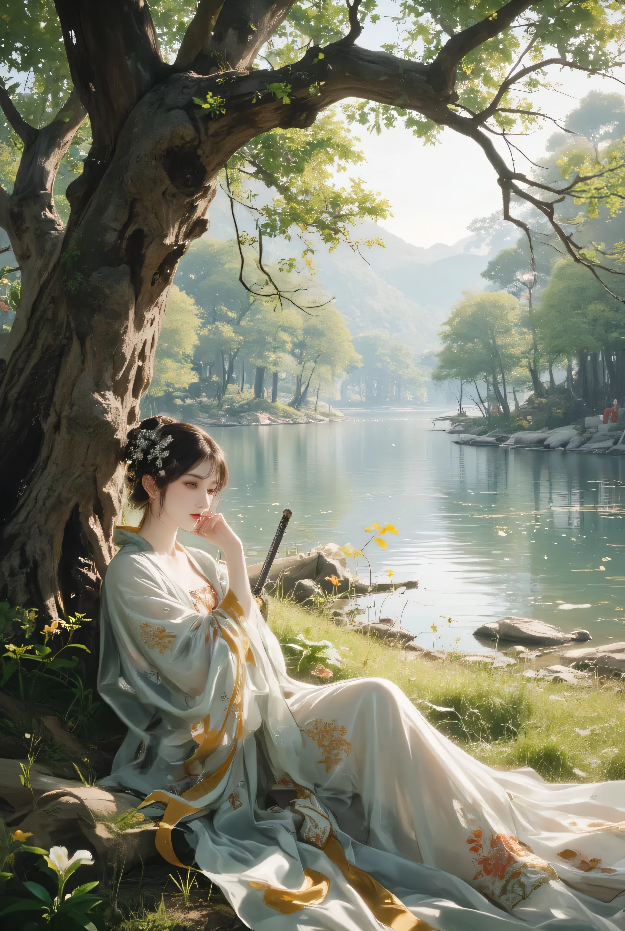 ancient chinesse swordwoman, with sword in her left side, sit bellow of tree, looking at the lake.