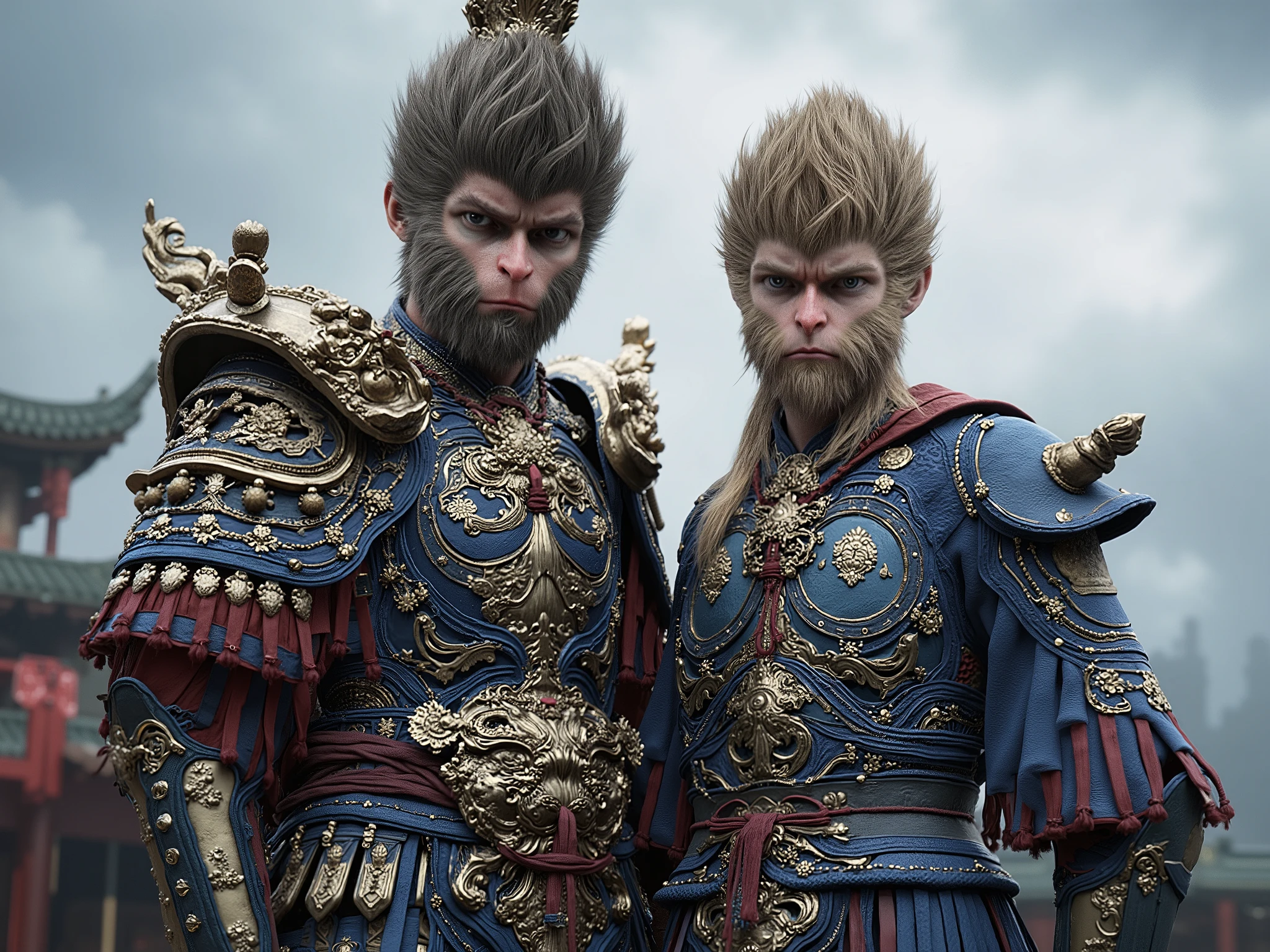 Sun Wukong standing in his armor, standing beside him is a age human male student, that has long blond hair with piercing blue eyes wearing blue metal armor with shining golden plating that has long blond hair tied in with piercing blue eyes looking forward with the world of china behind them as they stand together against the heavens.