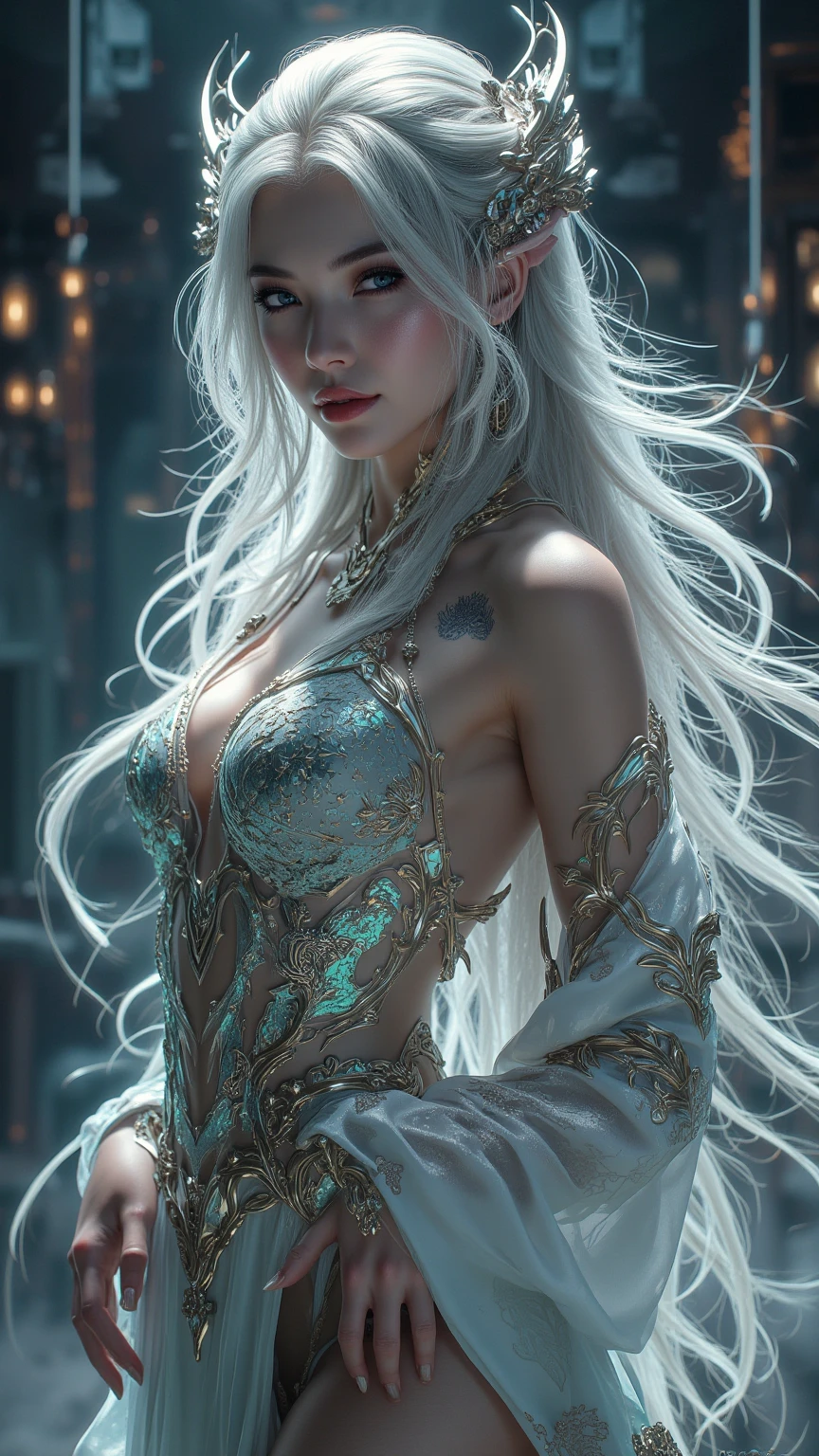 Full body, low angle, wide angle, insanely hyper-detailed and intricate realistic, corrupted female, ((black-gold glowing tattoo on shoulder)), messy platinum hair, sunny, active pose, long legs, slender body, ice flowers (((luminescent circuitry patterns that glow with an eerie blue hue))), detailed face, detailed skin, front, frozen forest in background, choker, hyperdetailed painting, luminism, Bar lighting, complex, 16k resolution concept art portrait by Greg Rutkowski, Alphonse Mucha