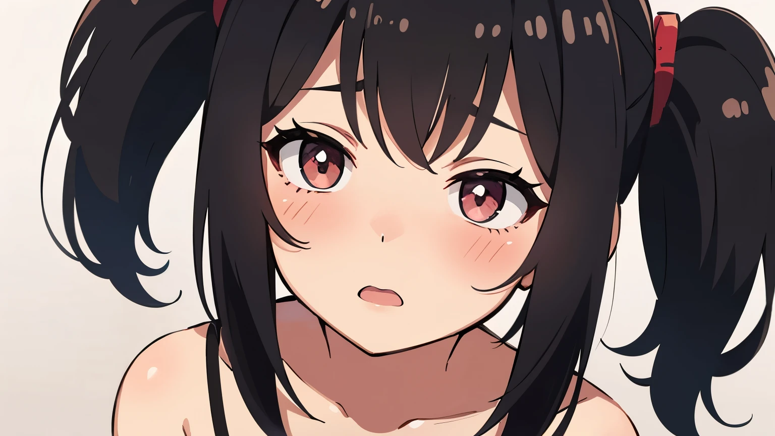 Anime Femboy, Fine skin, cute, Very detailed, 8k Very detailed face,  cowboy shot 
red_eye, black hair, hair_between_eye, 
((Femboy)), ((completely nude)), Pussy line,
otoko no ko, a feminine boy, Super long twin tails, hair ribbon