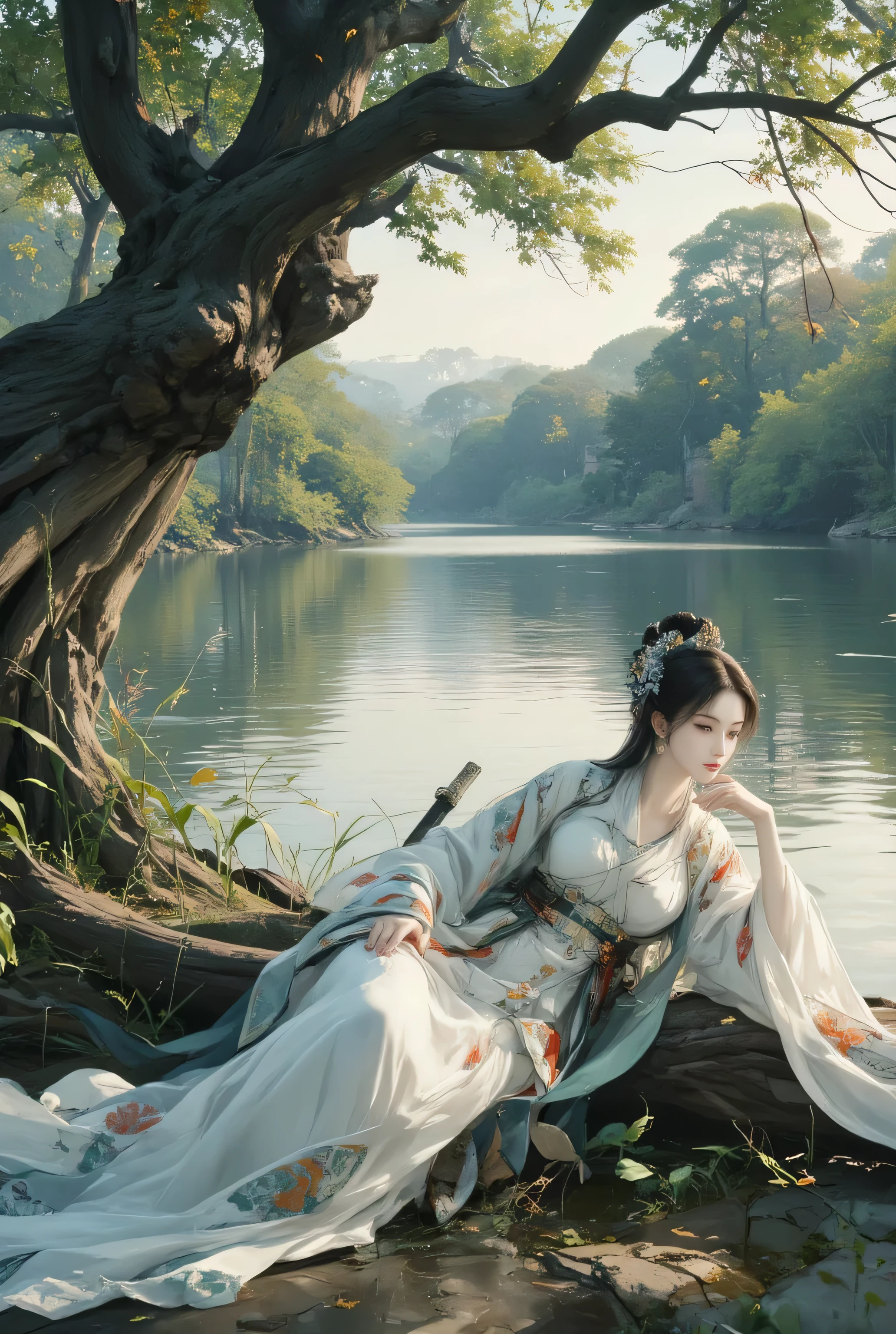 ancient chinesse swordwoman, with sword in her left side, sit bellow of tree, looking at the lake.