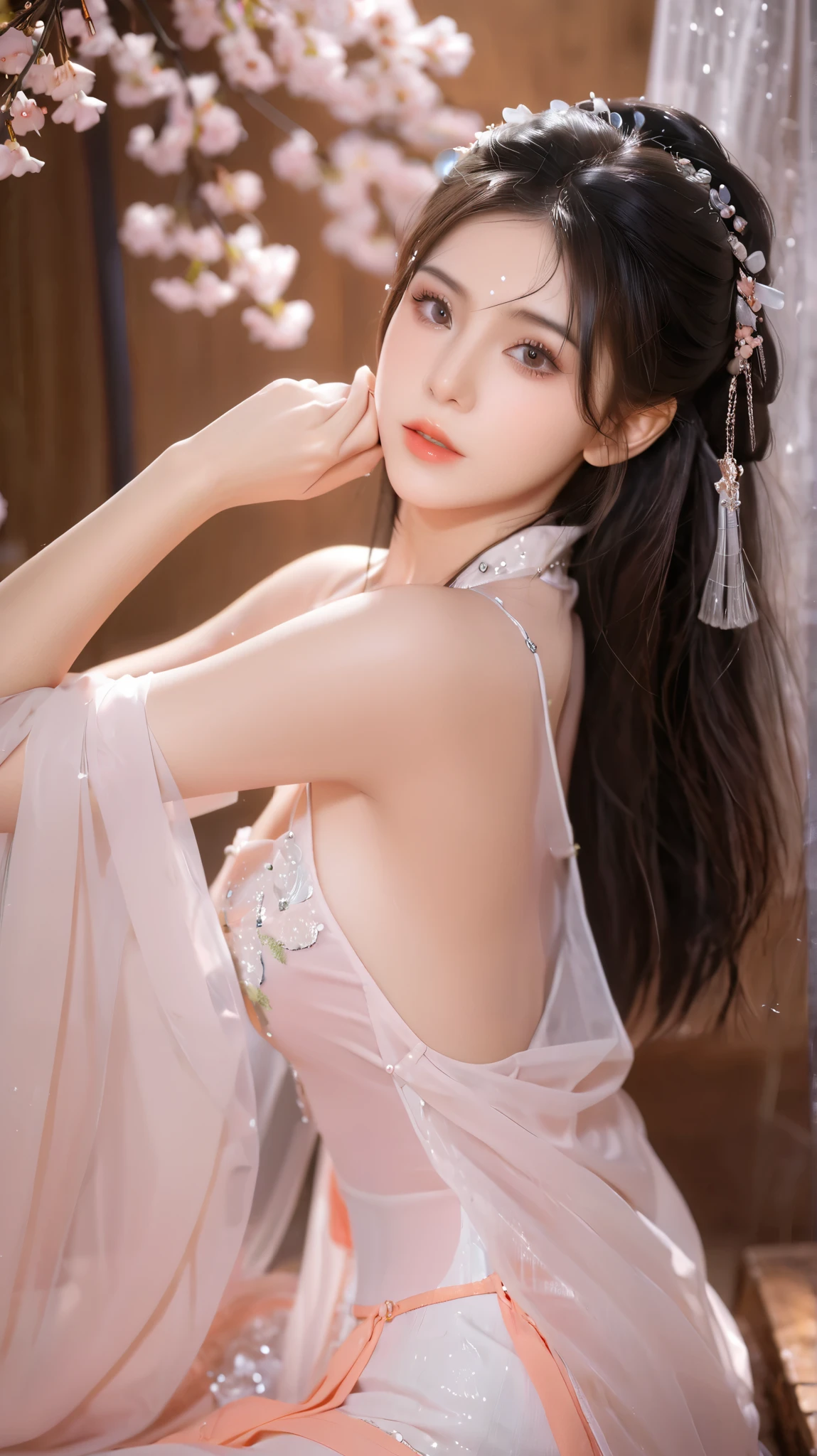 ( masterpiece,Super Fine, best quality:1.5),(8K,CG,illustration:1.4),(perfect-composition, delicate and beautiful face,Cleansing the skin,Photographic Skin , shiny skin , shiny hair , Photography Hair, Extremely Detailed Eyes,scrape,Uncensored,Ultra detailed background:1.2),(***Hot Girls:1),, Cowboy Shoots S4Kur4 ,transparent,Sakura dress,Sleeveless,Peach Blossom,spring