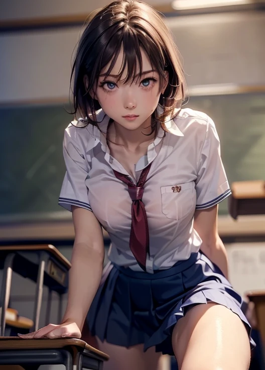 8K raw photos、A high resolution、Cool 14 year old Korean、skinny、Student uniform、tiese、Tie ribbon、blazers、a skirt、Beautiful eyes in every detail、long eyelasher、beautiful double eyelid、eye shadows、slender eyes、Sanpaku eyes、Dark eye makeup、Wicked smile、beautiful and thin legs、Short hair tied at the back、Ear ring、School Changing Rooms、wet and see-through、half squatting、Bending over、Flipping up her skirt with her hands、bites his lower lip、embarrassing looking、A 1 girl、The center of gravity is behind、Spread your legs and cut bottoms