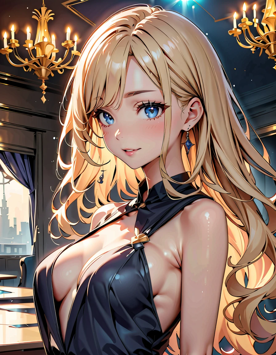 (Masterpiece:1.3), (8k, photorealistic, raw photo, Maximum image quality: 1.4), (1 girl), beautiful face, (realistic face), beautiful hairstyle, (realistic eyes), Beautiful eye details, long eyelashes, (realistic skin), Beautiful skin, [medium chest:0.2], (perfect 8 head body:1.3), (body details:1.2), unstructured, Charm, ultra high resolution, super realistic, high detail, soft lightning、golden ratio、 alone, 1 girl, kiss shot, SMILE, Open mouth, A face that can say; don&#39;t stop being happy, looking at the viewer, tenure, ((tenure a donut)), knifeonehand, knife, Red dress, white gloves, elbow bag, bare shoulders, neckline, (White skin), long blonde hair, (red irises), personal approach, Vampire, wide, officer, evening, Luxury red suit,  , City, detailed background, 
