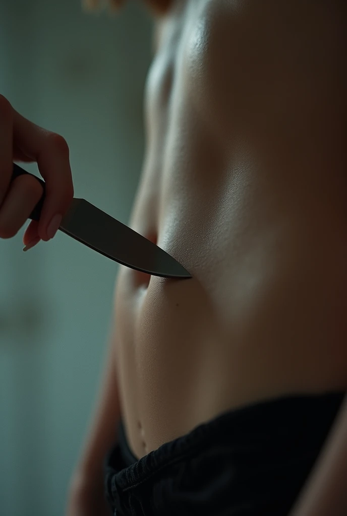 white long fingernails running along 6 pack abs