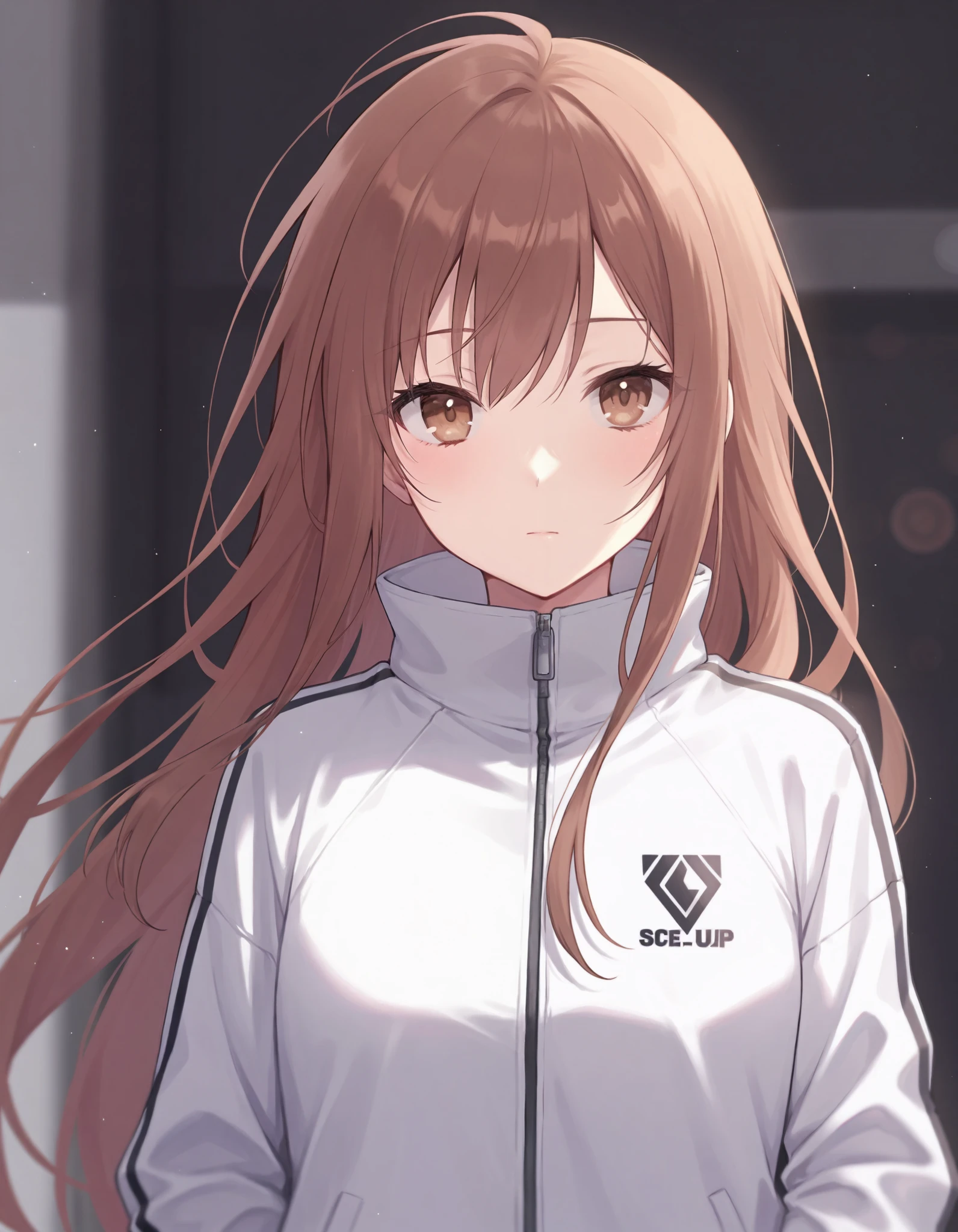 masterpiece, best quality,solo, 1girl, looking at viewer, brown hair, upper body, long hair, closed mouth, jacket, zipper, blurry, brown eyes 
 