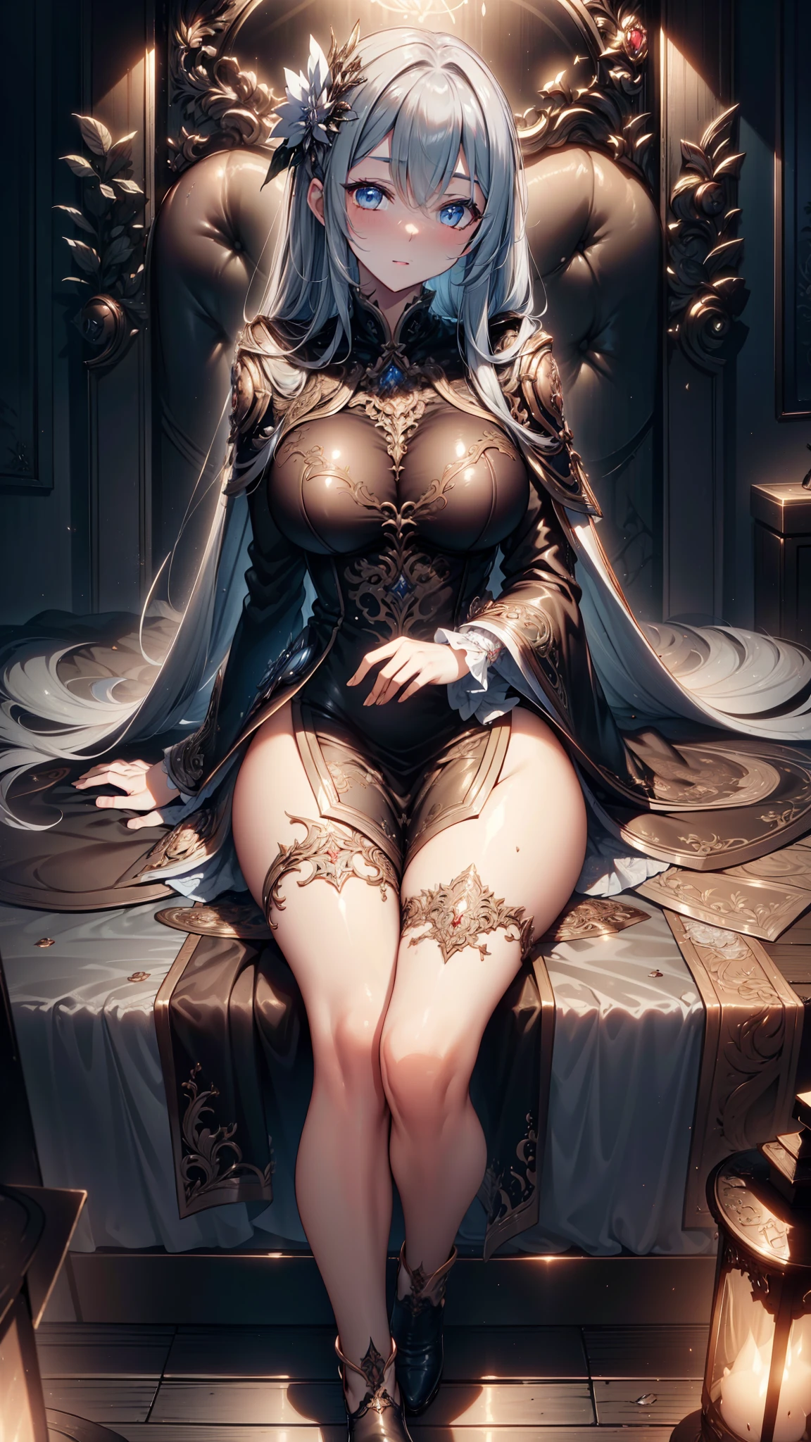 Visualize a celestial apparition, embodied in the form of a youthful sorceress, ensconced within a cocoon of gossamer silk. Her lustrous golden tresses cascade over her shoulders, shimmering like molten bronze under the argent beams of moonlight filtering through the canopy above. Her visage bears an ethereal quality, with ivory skin stretched tautly over high cheekbones and a delicate jawline, punctuated by the faintest blush that graces her cheeks.

Her eyes, when open, reveal irises of sapphire blue, framed by long, sweeping lashes that cast shadows upon her pale complexion. Plump, rosebud lips part softly, releasing gentle sighs as she sinks into a state of meditative tranquility. A  nose, symmetrical and delicately sculpted, completes the symmetry of her finely chiseled features.

An obsidian pendant, suspended from a slender chain, adorns her neck, nestled between the curves of her bosom. The minimalist accessory serves to accentuate the simplicity of her ensemble—a voluminous gown crafted from diaphanous silk, cinched at the waist with a belt embellished with intricate knotwork. The translucent fabric hugs her slender form, tracing the elegant lines of her silhouette before pooling around her feet like liquid silver.

Long, tapering fingers extend from the sleeves of her garment, terminating in nails buffed to a mirror-like shine. Delicate feet, ensconced in dainty slippers fashioned from supple kidskin, remain crossed at the ankle, revealing a hint of vulnerability beneath her calm façade.