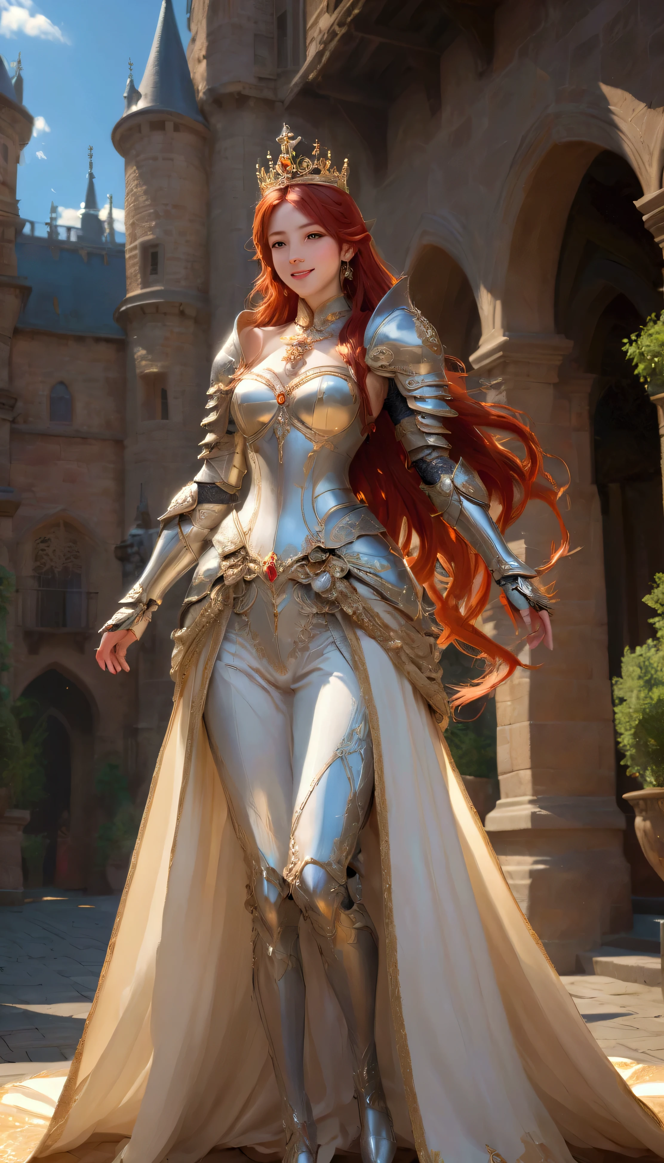 Once upon a time, live the beautiful princess, with golden armor and cloak, long red hairs, crown on the head, waiting someone for a love, she have beautiful smile, courtyards, full body, (Masterpiece), (best quality), (high quality), (extremely detailed) CG unity, 8k wallpaper, (cinematic angle)