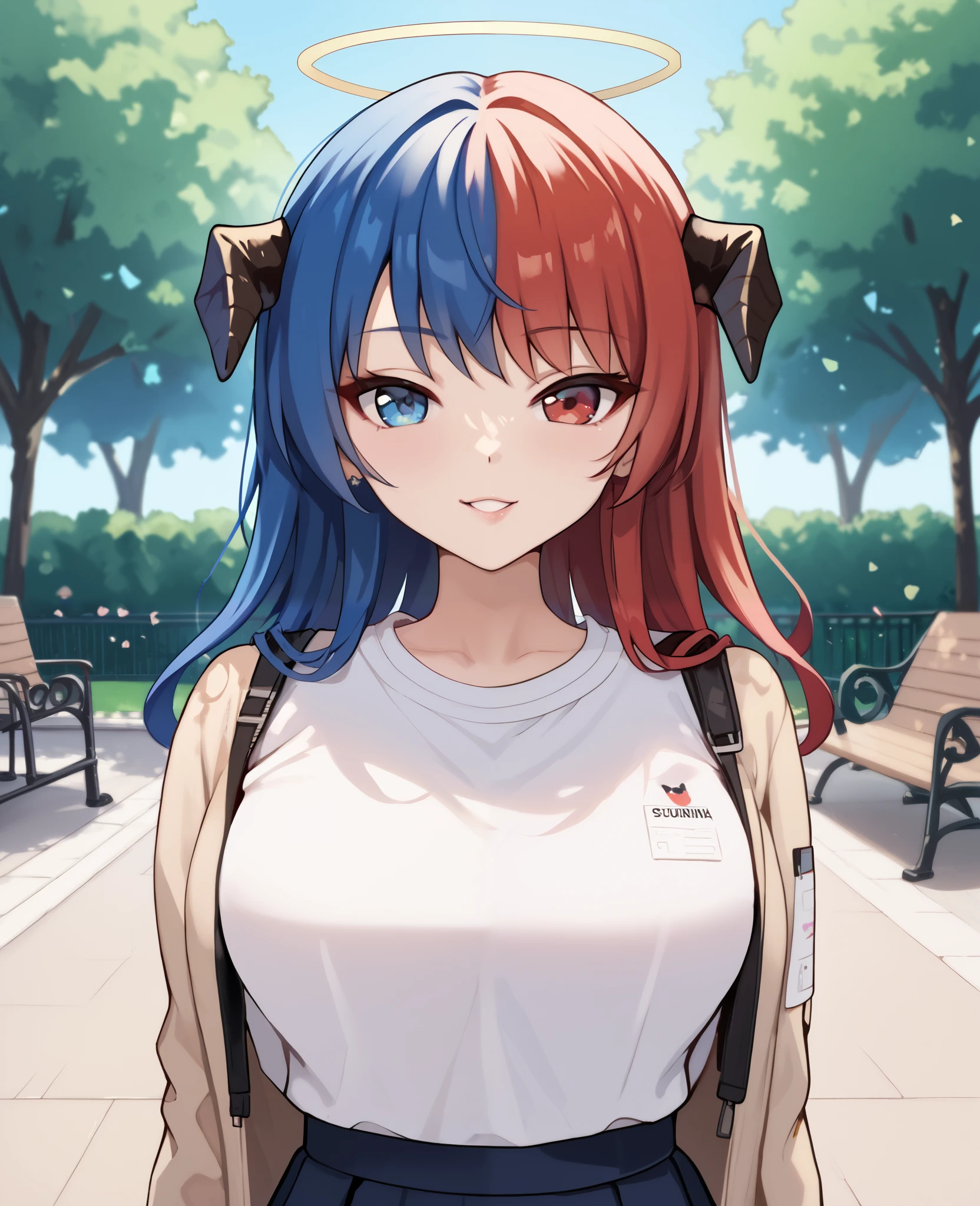 2heads, a tall thin woman with 2 heads, Exusiai, Mostima, red hair, blue hair, red eyes, blue eyes, halo, grinning, She is inside a school. She is walk in the park,