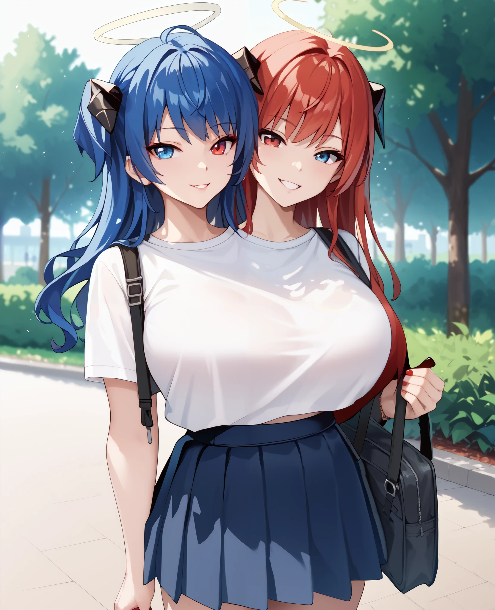 2heads, a tall thin woman with 2 heads, Exusiai, Mostima, red hair, blue hair, red eyes, blue eyes, halo, grinning, She is inside a school. She is walk in the park,