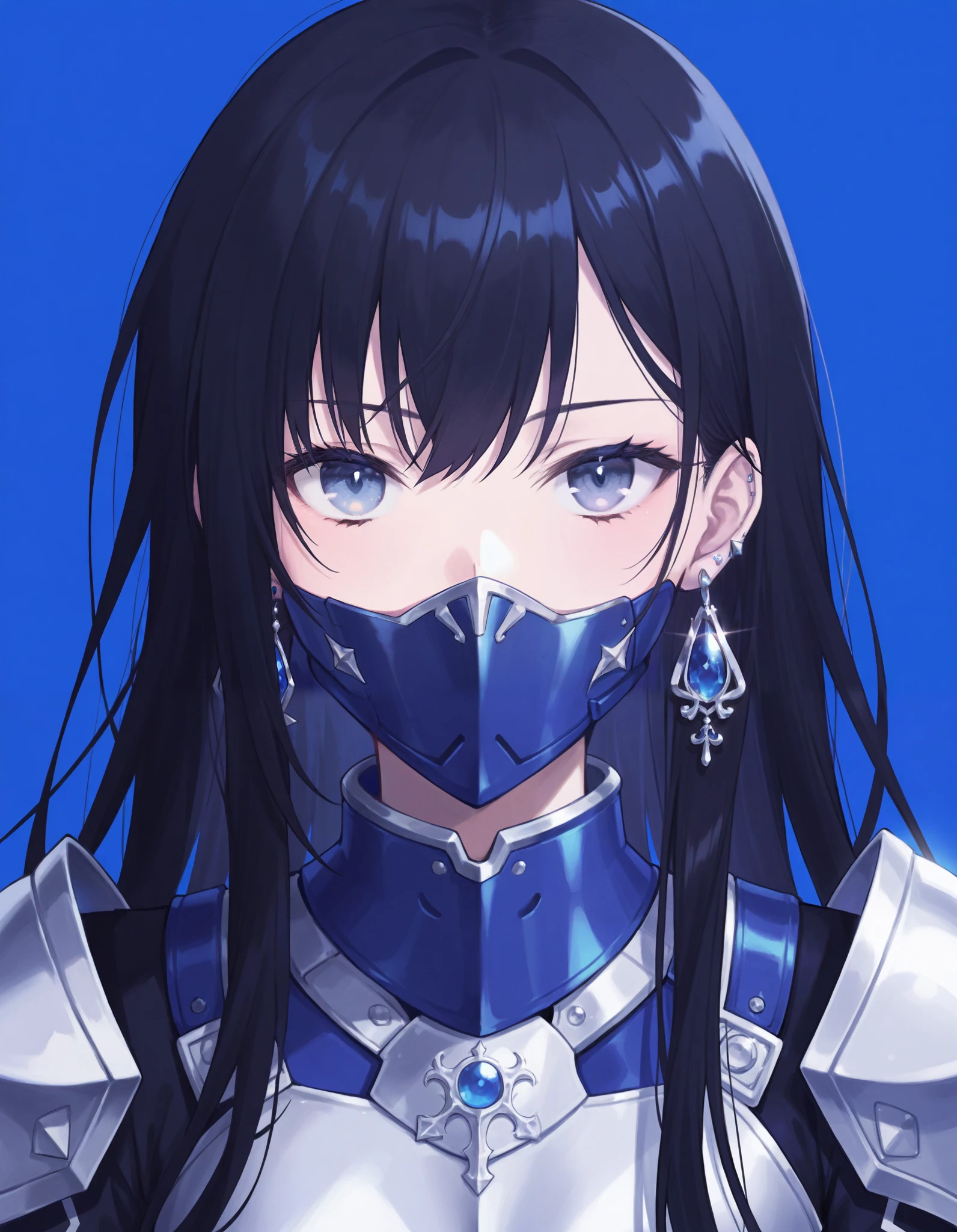 masterpiece, best quality,1girl, solo, jewelry, looking at viewer, earrings, black hair, portrait, blue theme, covered mouth, long hair, armor 
