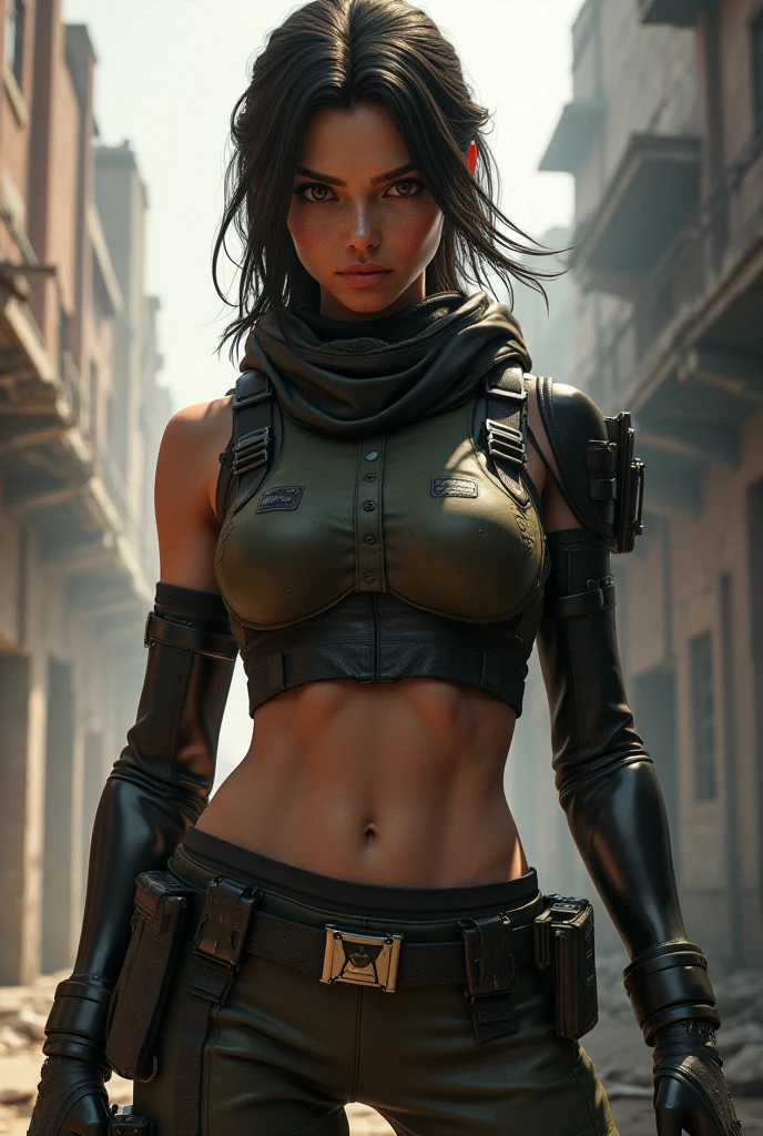 Natalie Portman wearing a Mikasa Ackerman cosplay costume with large breasts
