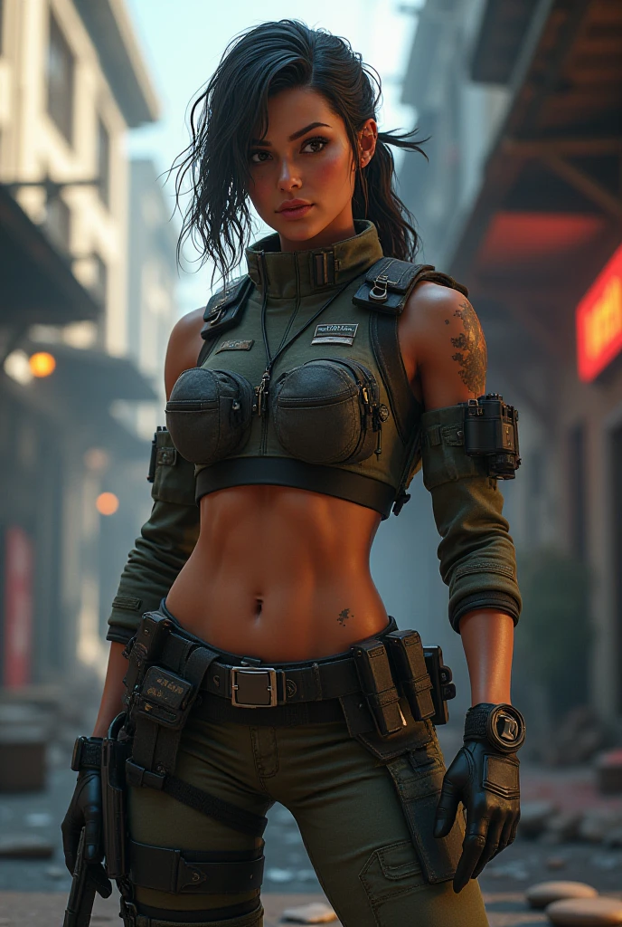(Photorealism:1.2), sexy woman soldier, He is holding a walkie-talkie in one hand.. Carrying large communications equipment on his back. He holds a pistol in his other hand..