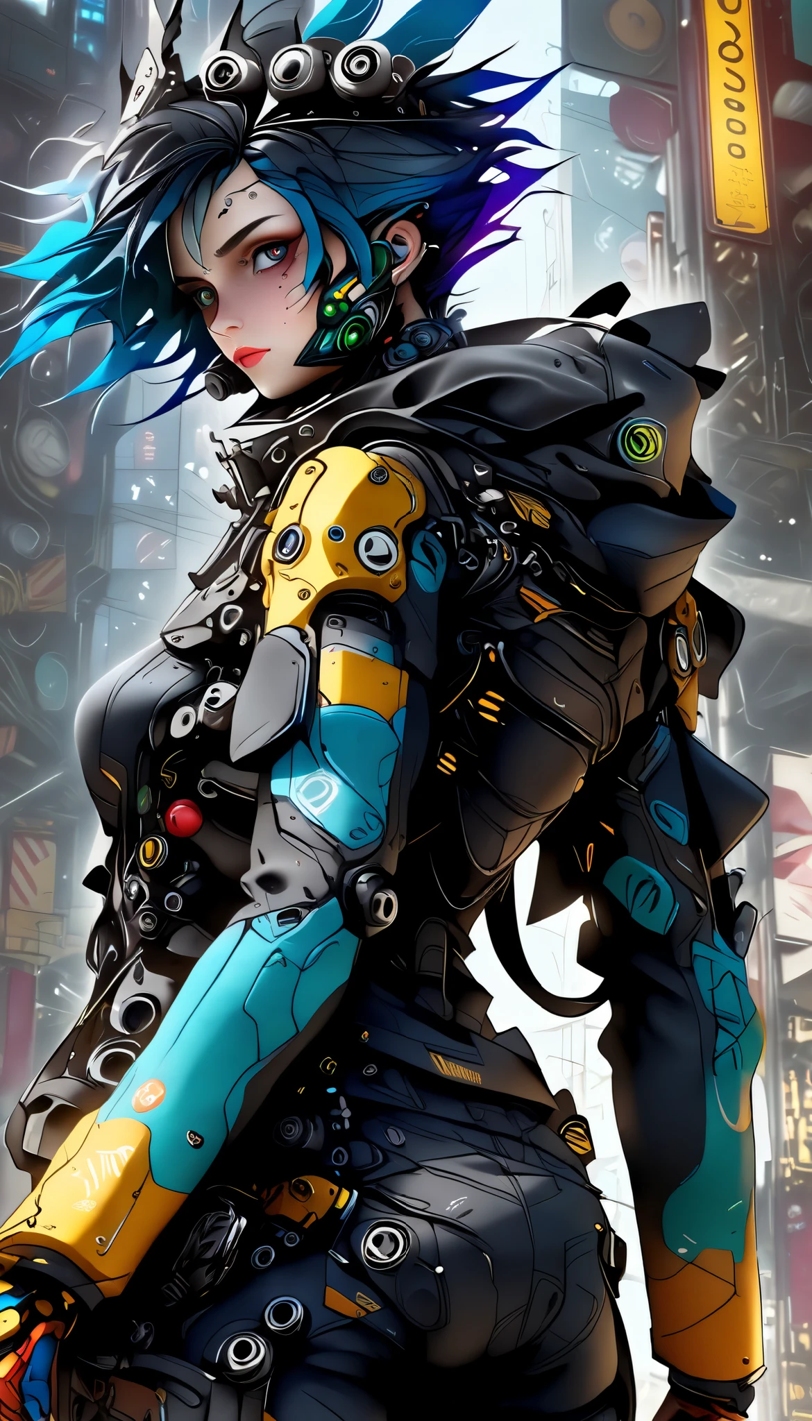 Tim Burton style, The textures are soft , matte and toy-like, with a handmade premium look, plano general, whole body:1.4, a post-apocalyptic cyberpunk android with short blue hair, an extremely large and perfectly shaped bust, A provocative pose, (((The face is looking back over the shoulder))), gas mask, detailed facial features:1.5, skin texture, dynamic pose, action, Hyper realistic, 8k, ultra detailed, Masterpiece, photorealistic, dramatic lighting, Color change, dramatic depth of field, intricate mechanical details, Intricate Circuits, bright neon accents, science fiction dramatic atmosphere, cinematographic composition