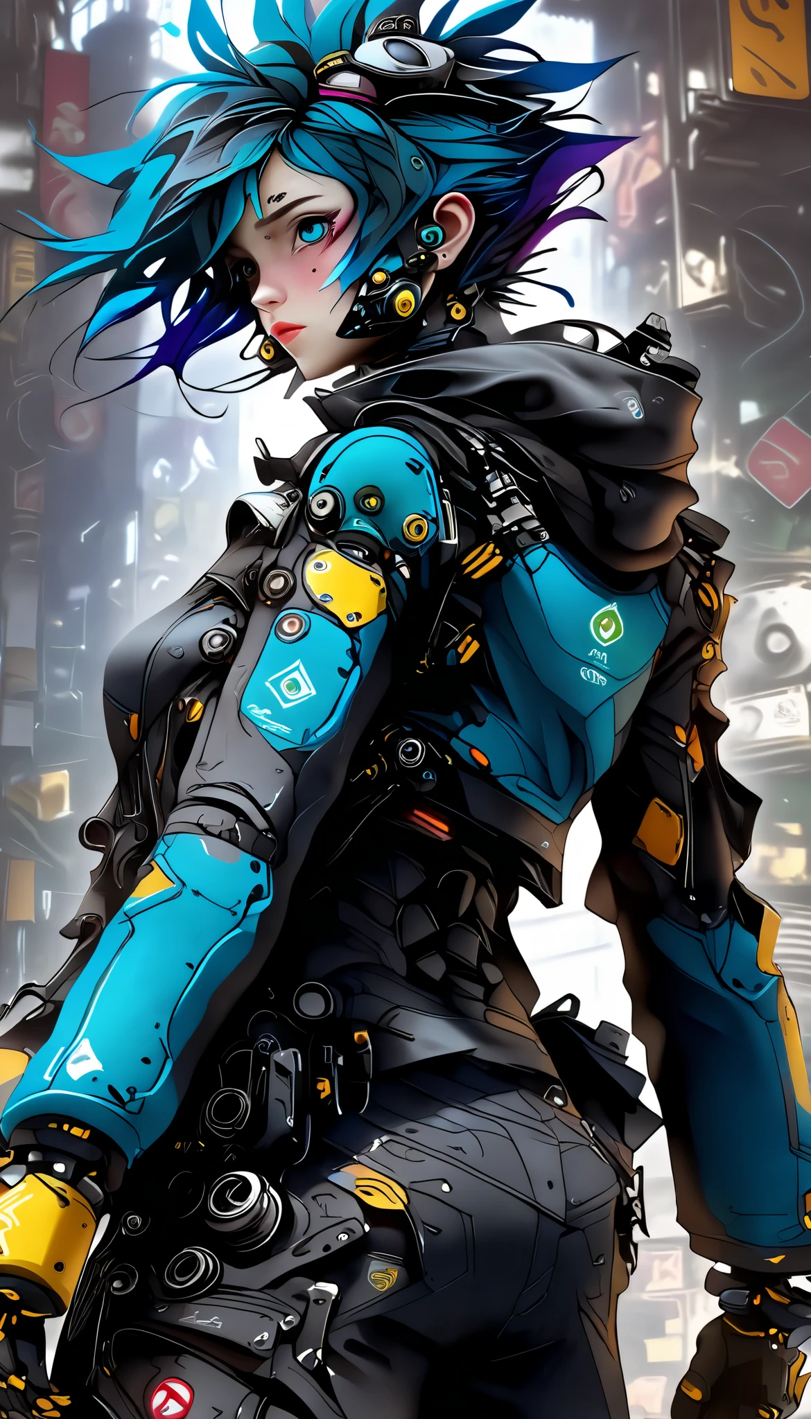 Tim Burton style, The textures are soft , matte and toy-like, with a handmade premium look, plano general, whole body:1.4, a post-apocalyptic cyberpunk android with short blue hair, an extremely large and perfectly shaped bust, A provocative pose, (((The face is looking back over the shoulder))), gas mask, detailed facial features:1.5, skin texture, dynamic pose, action, Hyper realistic, 8k, ultra detailed, Masterpiece, photorealistic, dramatic lighting, Color change, dramatic depth of field, intricate mechanical details, Intricate Circuits, bright neon accents, science fiction dramatic atmosphere, cinematographic composition