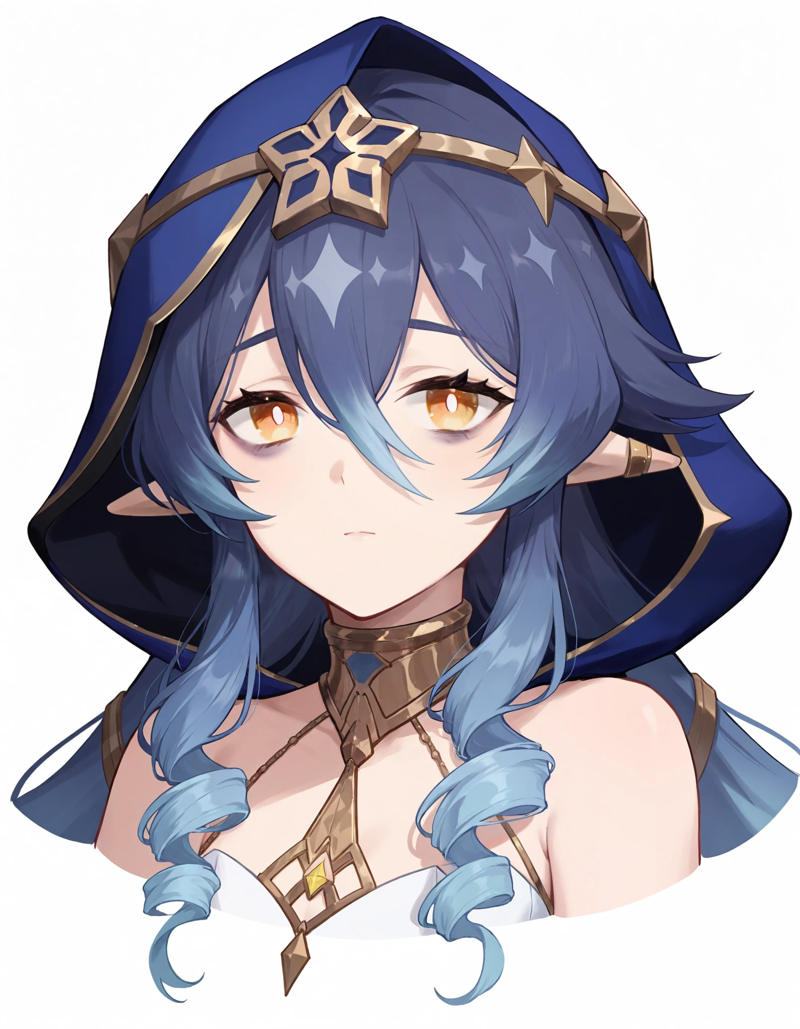 masterpiece, best quality, 1girl, layla \(genshin impact\), solo, pointy ears, drill sidelocks, blue hair, hair between eyes, drill hair, white background, long hair, hood, sidelocks, yellow eyes, blue hood, simple background, looking at viewer, hood up, cropped shoulders, portrait, closed mouth, bright pupils, bare shoulders, white pupils, cropped torso, jewelry, neck ring, upper body, bags under eyes, gold choker