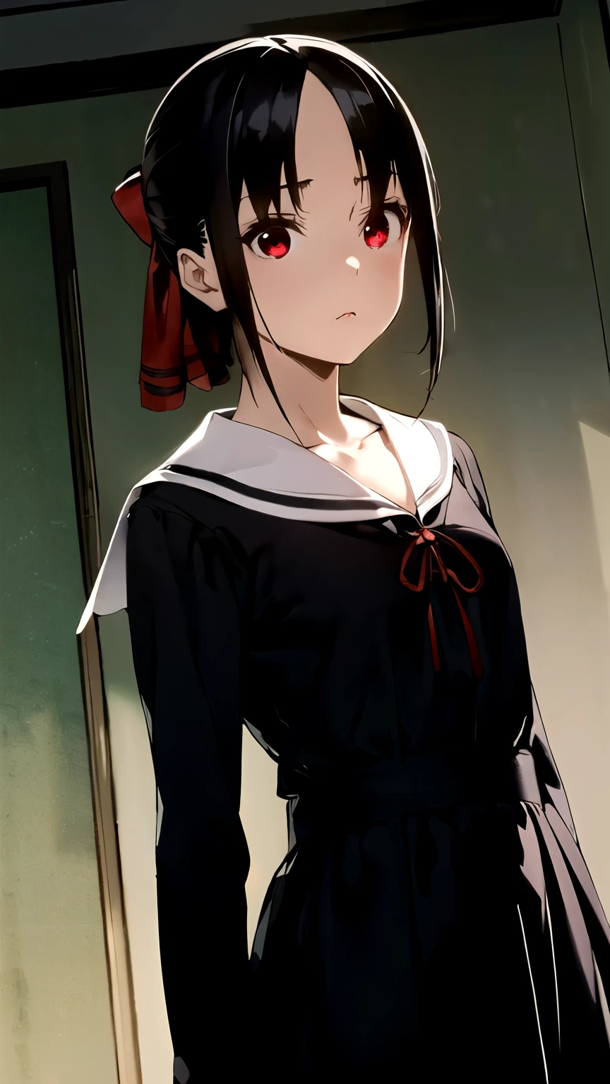 ((masterpiece,best quality)), {DATE_artstyle_LoRA : Manga_Style} {horror_edit} {horror_edit : creepy_room_aura} {partially_monochrome} { (kaguya shinomiya, short hair, bangs, black hair, (red eyes:1.3), hair ribbon, sidelocks, folded ponytail, (parted bangs:1.5), cute, perfectly_small_shape_breast : perfectly_slender_body } { long sleeves, dress, ribbon, school uniform, collarbone, black dress, sailor collar, white sailor collar, red ribbon, neck ribbon, shuuchiin academy school uniform, } {standing} { no_emotion : hypnotic_eyes : hypnotized_eyes : lazy_eyes} { sweating } { : dark }