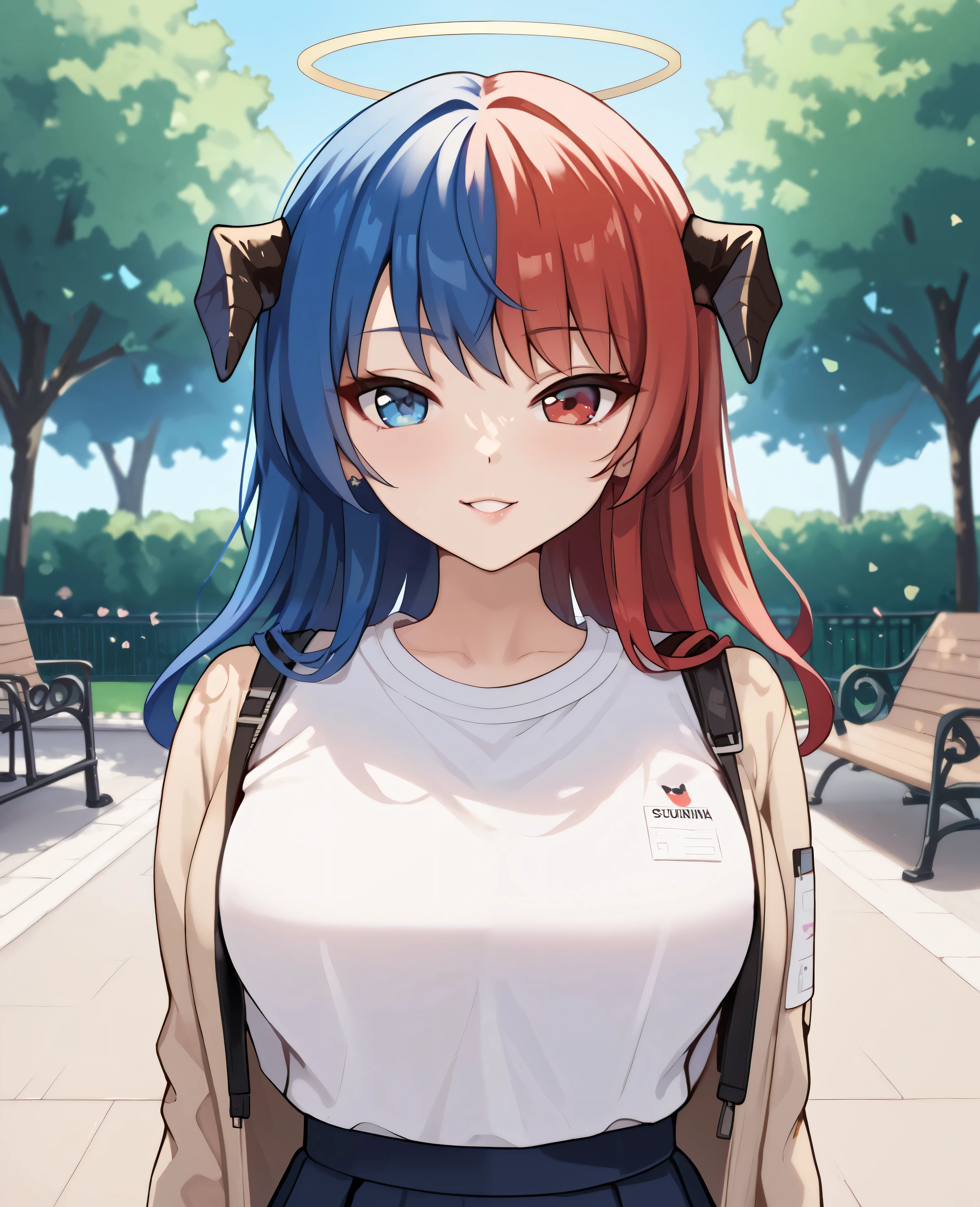 2heads, a tall thin woman with 2 heads, Exusiai, Mostima, red hair, blue hair, red eyes, blue eyes, halo, grinning, She is inside a school. She is walk in the park,