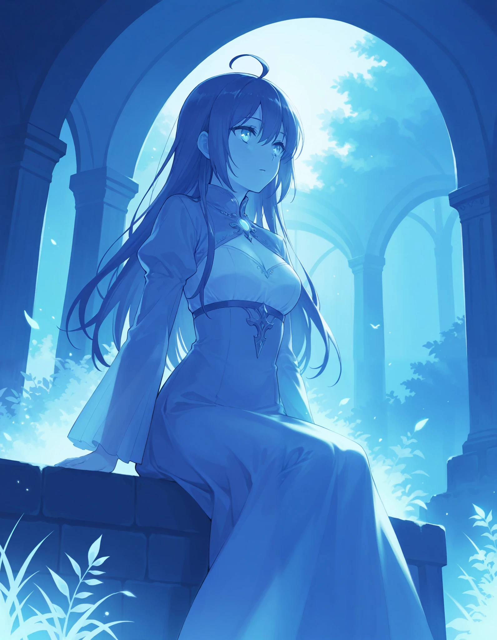 masterpiece, best quality, 1girl, blue theme, long hair, solo, dress, fantasy, sitting, ahoge, glowing, monochrome, scenery 
