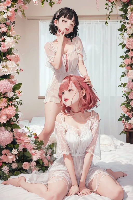 On the left is a woman in her 20s and on the right is a man in his 50s （masterpiece： 1.4）， （8K， reality， Original photo， Highest quality： 1.4）， Japan， （G Cup Girl）， Beautiful Face， （Real Face： 1.4）， （Pink Hair， short hair： 1.3）， Hairstyle， Beautiful eye for detail， （reality皮肤： 1.3）， Beautiful Skin， Charm， Ultra-high resolution， Ultra-realistic， HD， Golden Ratio， （Detailed face： 1.4）， （Japan演员： Estuary）， Sheer vest，粉色short hair，white透明，white，NSFW，big，big屁股强调，The shape of the nipple and areola is clearly defined，The shape of the pubic bone is clear and clear，