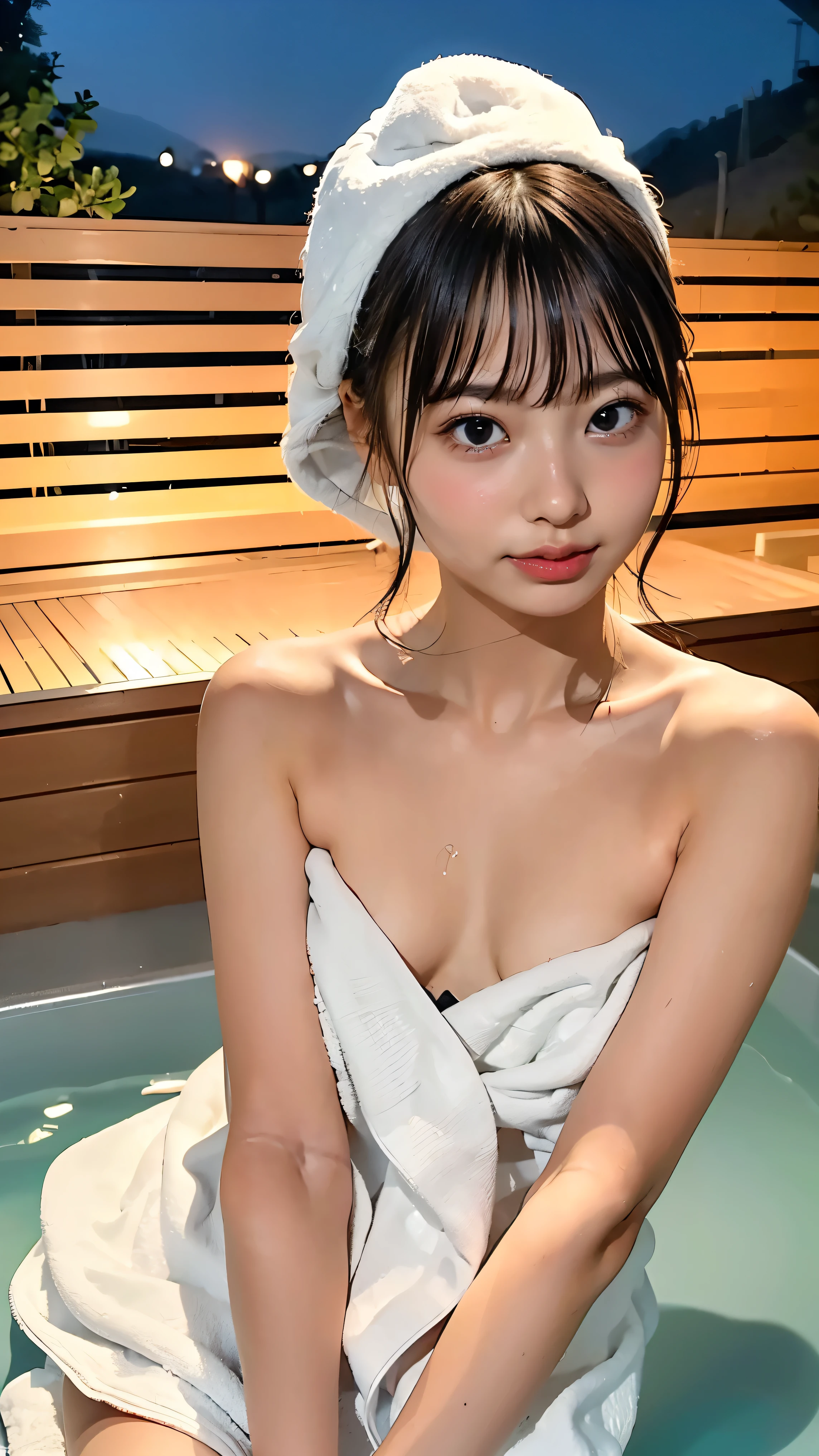 nsfw:1.0, super high quality, a scene from the movie,Japanese famous actress,,12-years-old, , beautiful smile:,,64k, high Quality, ((covering her breast with a towel:1.4 )),naked,slip nipple, (( large areola,slim body,Slim Leg :1.2)),downblouse, Clear body line、Small size breast,,Full body diagram、((( low Angle from below&behind)))、Staring at the camera、beauty,high detail,(night outdoor onsen:1.4) ,My hair is fluttering in the wind, short hair:1.0, Delicate shoulders, (The breast are facing up:1.4),,(Precise pussy:1.4),(open leg:1.4),((large areola:1.4)),(in the bathtub up to shoulders:1.4)、