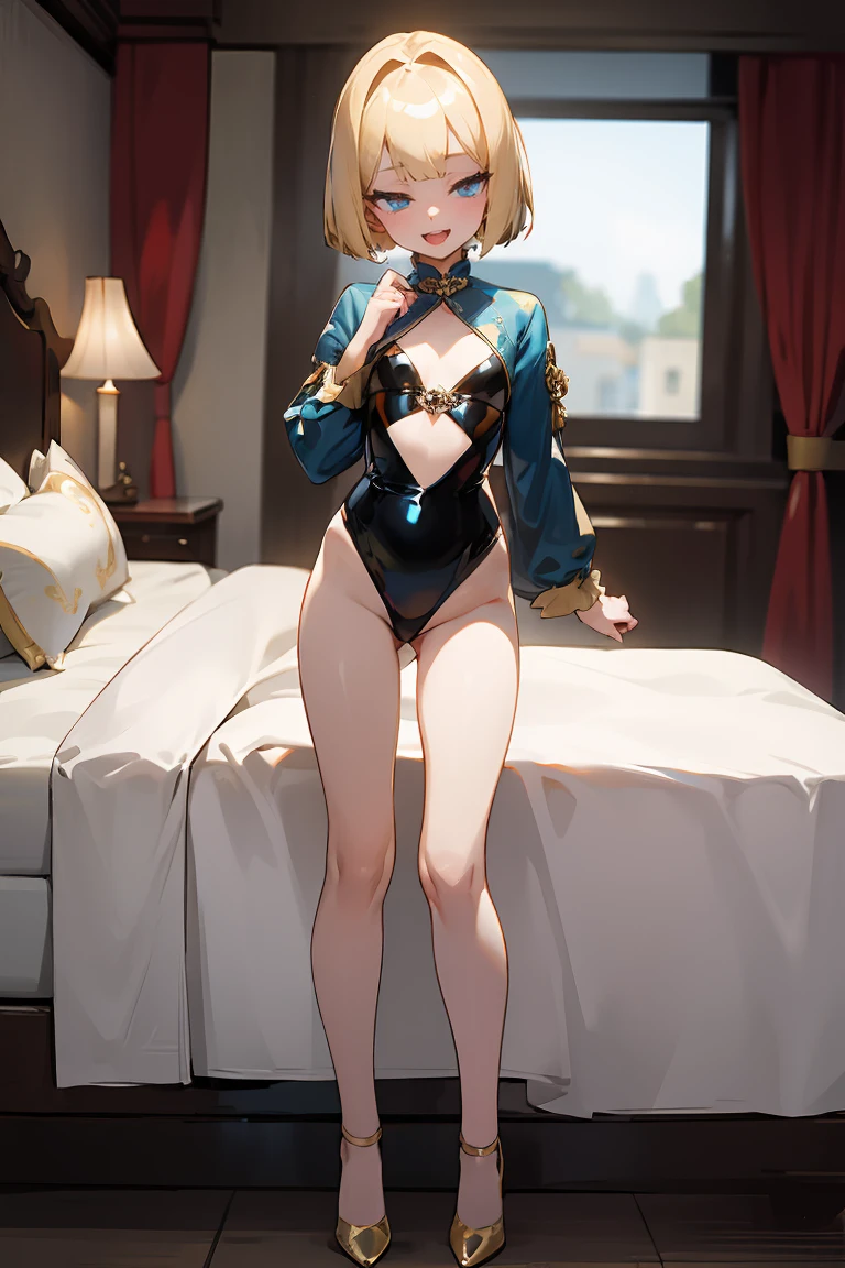 Highest Resolution,Highest quality,Woman in Chinese leotard,smile,Bun Hair,Bedroom,bed,High leg,Blonde,Knee-high stockings,