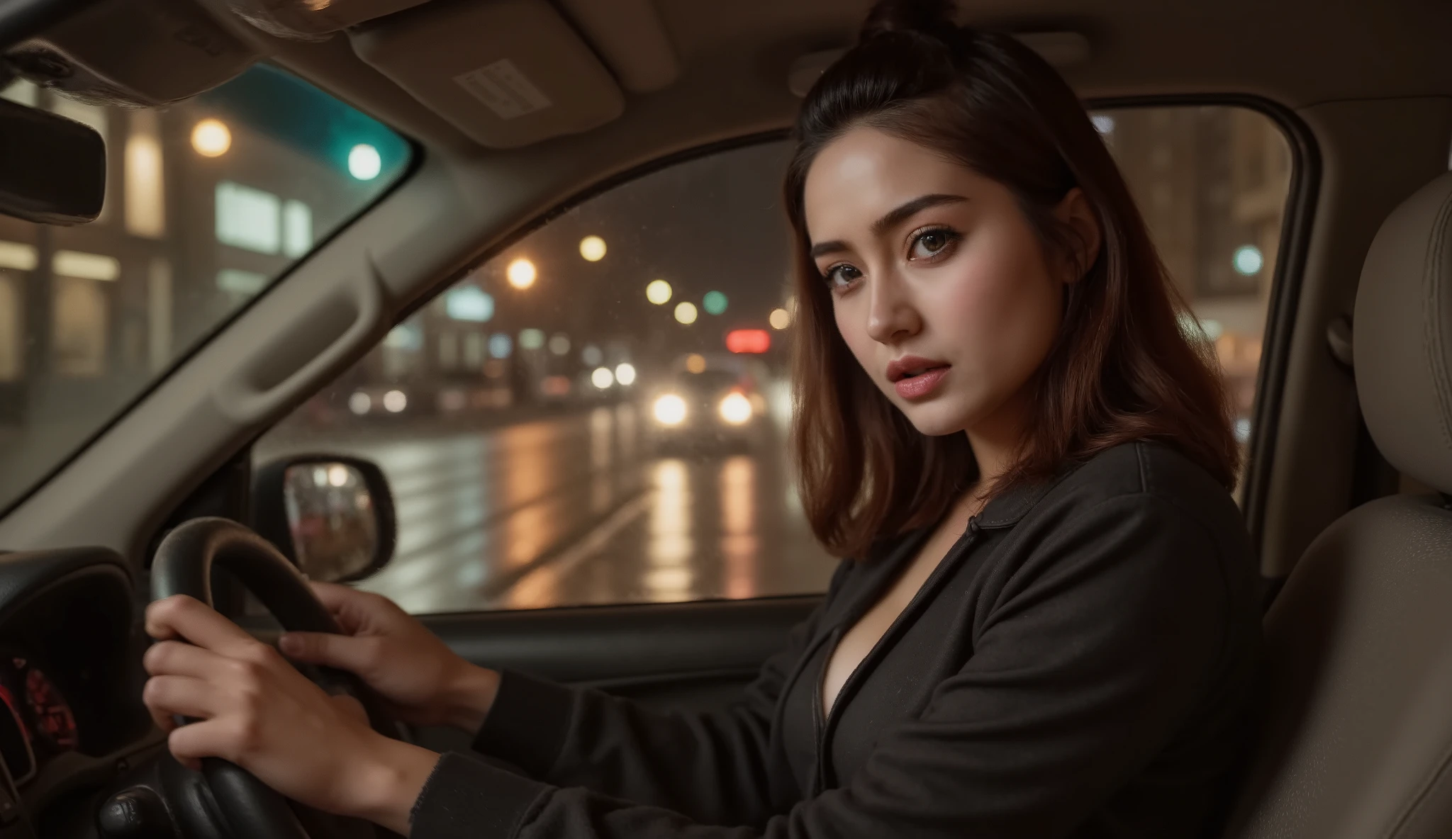 Create a cinematic video of a woman driving alone in a car at night. The city lights outside create streaks of color, reflecting off the wet pavement, as the headlights cut through the darkness. She is dressed in a simple black jacket, her dark brown hair loose and flowing slightly with the movement. Her eyes are focused on the road, but there’s a distant look in them, as though lost in thought. The dashboard lights cast a soft glow on her face, highlighting her contemplative expression. The sound of the car's engine hums softly, accompanied by the distant sound of traffic. The streets are quiet, with only the occasional passing car. The sense of solitude is palpable, and the journey feels both literal and emotional