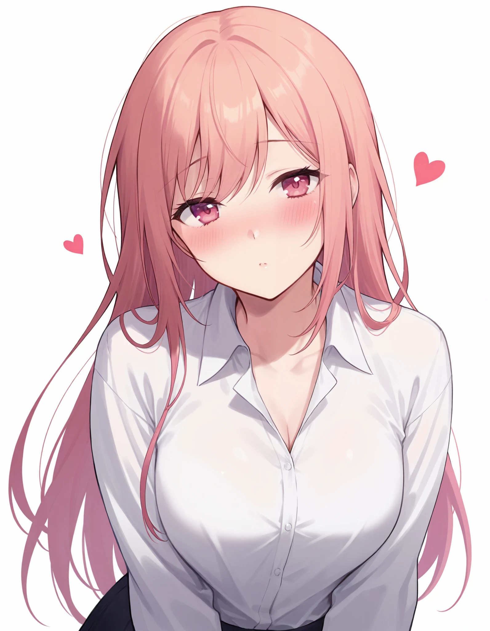 masterpiece, best quality,heart, 1girl, solo, simple background, white background, long hair, shirt, looking at viewer, white shirt, long sleeves, collared shirt, blush 