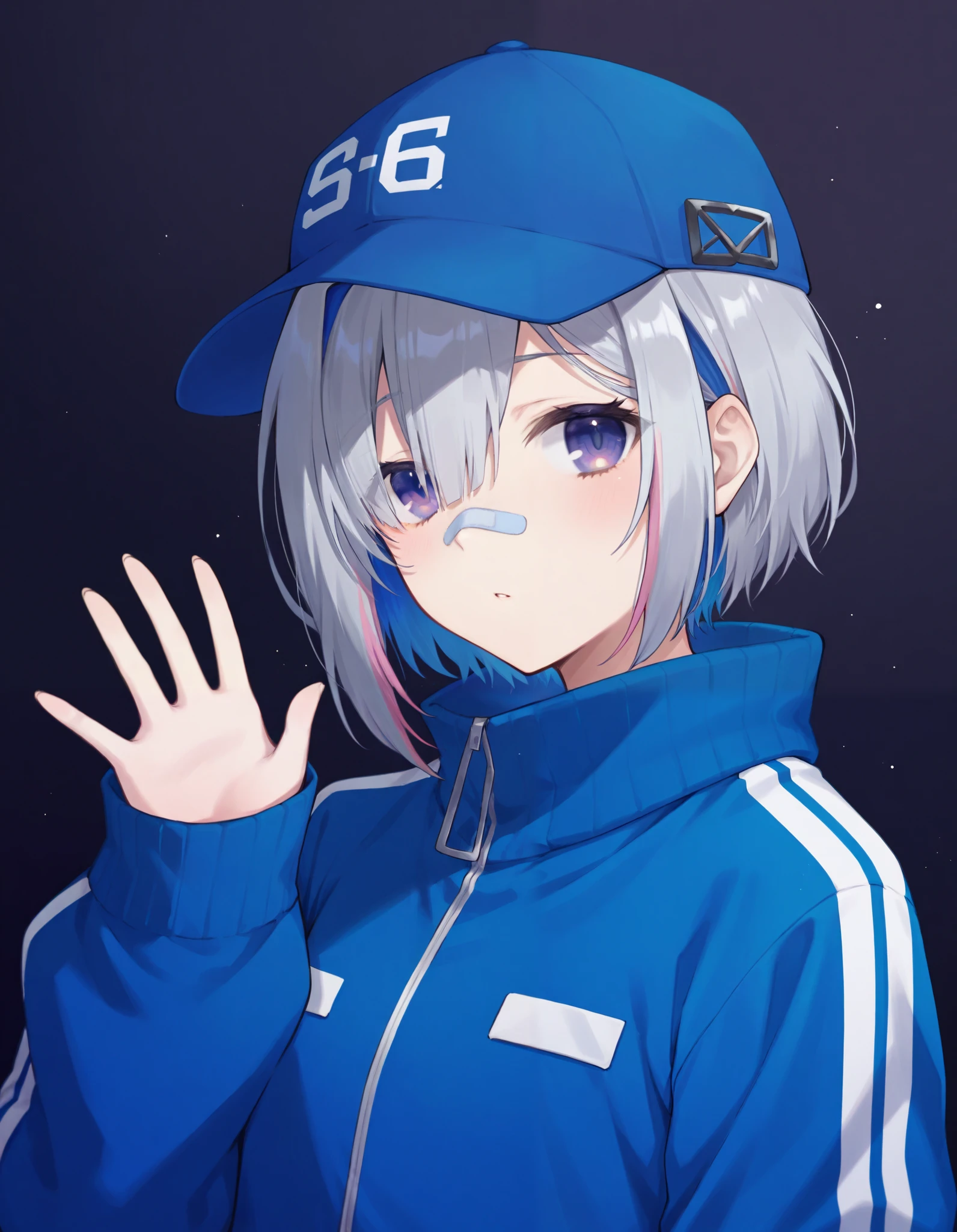masterpiece, best quality,1girl, solo, bandaid on face, bandaid on nose, hat, jacket, bandaid, blue hair, hair over one eye, virtual youtuber, long sleeves, sleeves past wrists, looking at viewer, blue jacket, short hair, blue eyes, amane kanata, baseball cap, upper body, track jacket, blue headwear, purple eyes, grey hair, multicolored hair, hand up, zipper ,
