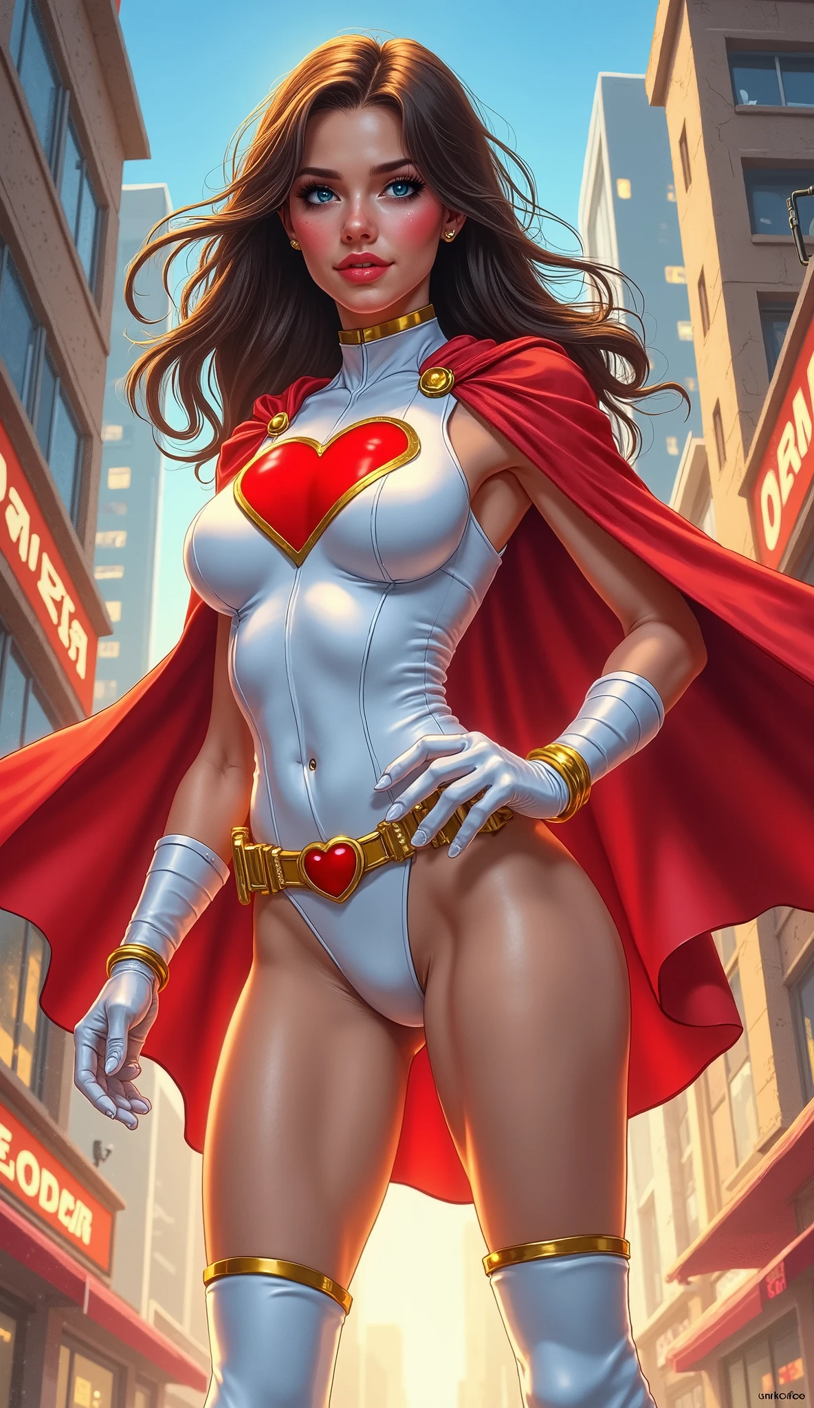 COMIC BOOK STYLE. A SEXY  YOUNG BRUNETTE FEMALE WITH BLUE EYES WEARING A WHITE LEOTARD WITH A GIANT RED HEART EMBLEM WITH A PULSATING PULSAR IN THE CENTER, RED PANTIES, WHITE GLOVES WITH GOLD TRIM, WHITE BOOTS WITH GOLD TRIM, A GOLD BELT WITH A RED HEART, AND A RED CAPE ATTACHED TO THE LEOTARD.