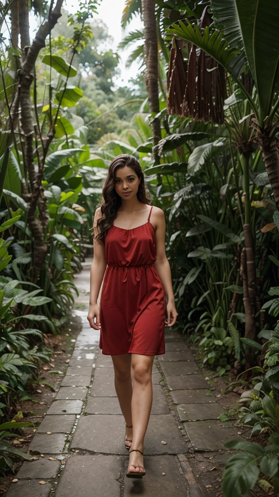 A 33-year-old Mexican woman, white skin, medium black hair, brown eyes, slim body, medium chest, dressed in a short orange dress, blue jeans, walking in a park with trees