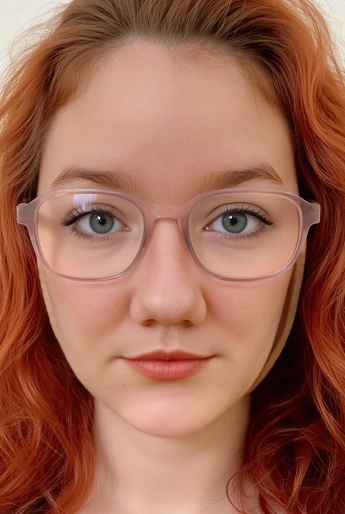 there is a woman with glasses, a picture inspired by Ayami Kojima, tumblr, tachisme, low quality photo, very very low quality picture, low quality photograph, profile picture 1024px, wavy long red hair and glasses, anime vibes, very very low quality, sexy look at the camera, sexy gaze, grey eyes