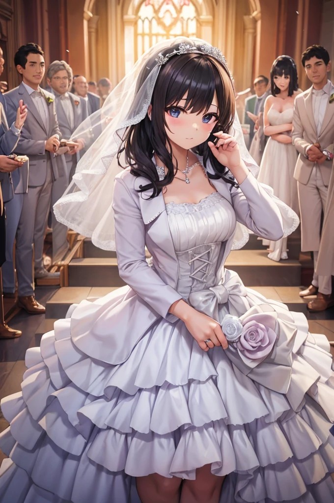 ((Highest quality)), ((masterpiece)), (detailed), （Perfect Face）、The woman is Reika Aoki, the wife of a mafia boss, with medium-long black hair and an engagement ring.、In a luxurious wedding hall, a woman is wearing a gorgeous wedding dress and having a luxurious mafia wedding with a mafia boss man.
