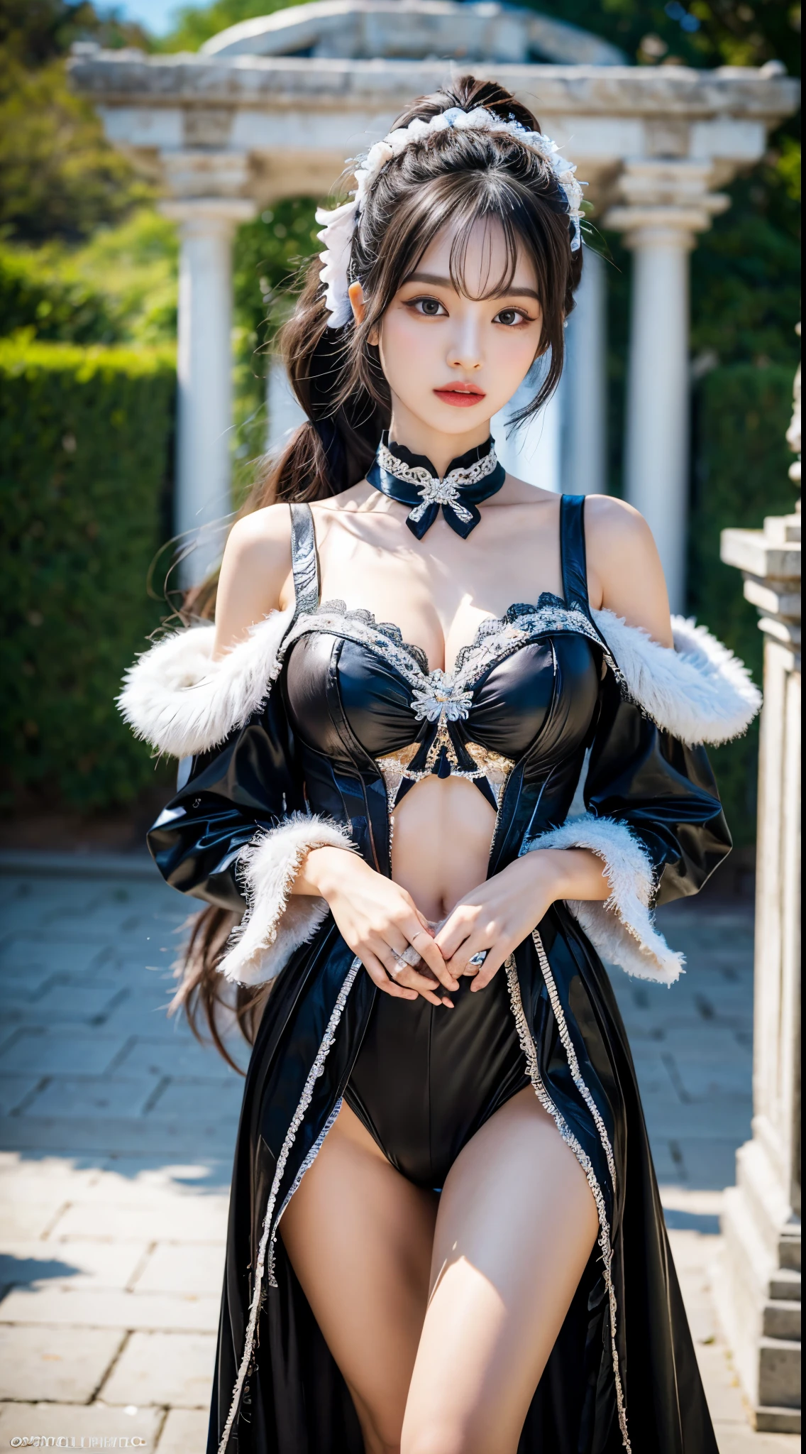masutepiece、top-quality、((20 years girl、独奏、Cute detailed girl))、Smile、Black Shorthair、Highly detailed eyes and face、Beautiful detailed eyes、radiant eyes、with round face、Well-formed and cute face:1.1、dye one's cheeks red、small head、hight resolution、A highly detailed、sexy pose、Illustration、super detailing、masutepiece、Fur coat、Glowing metal armor、Fantastic patterns、Light Black Tights、(large full breasts:1.2、A slender)、Photograph the whole body、snowscape、in woods、Blur the background、tre anatomically correct