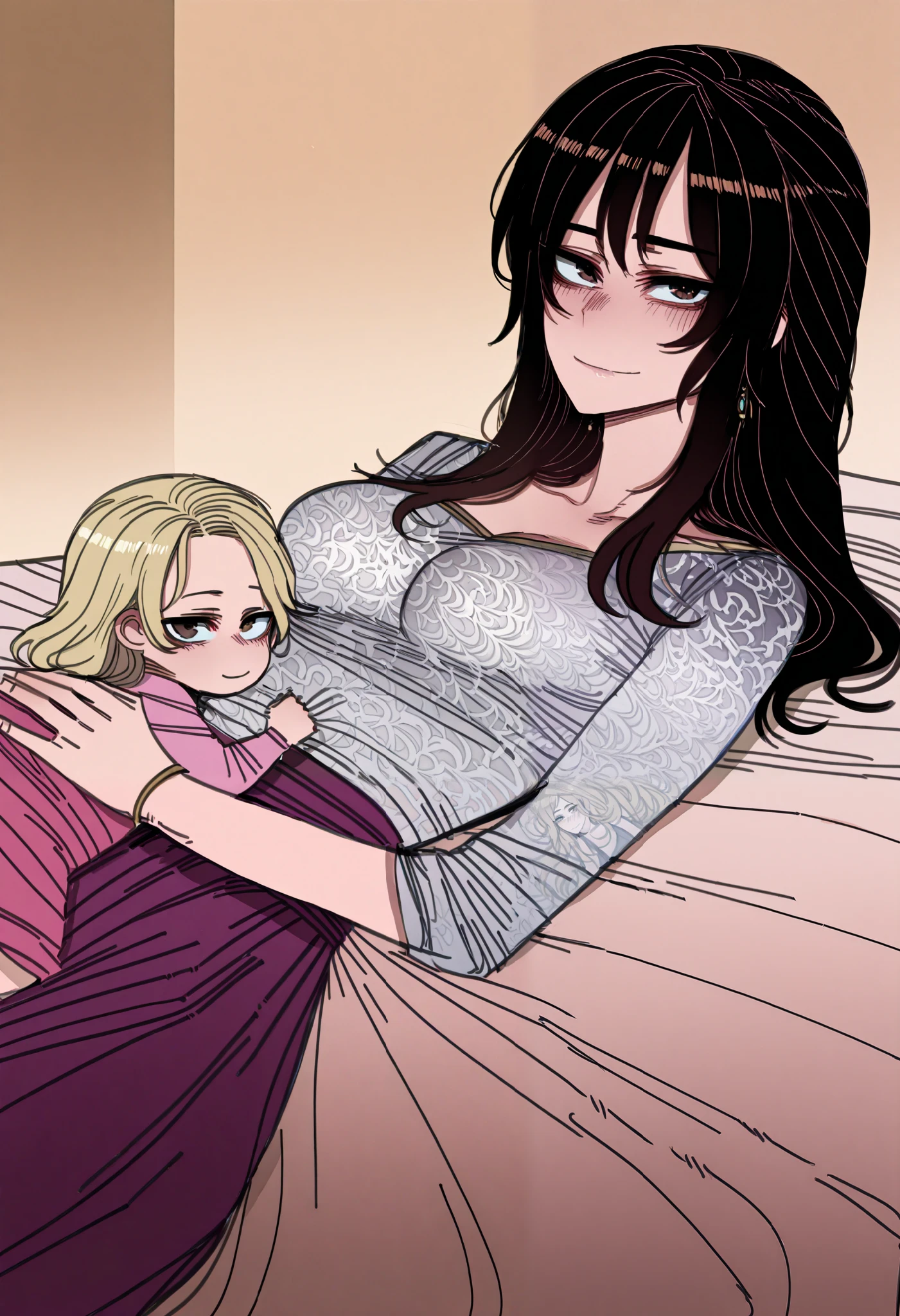 /upscale {{Artist: ratatatat74}} 2girl, medium breasts, blonde hair, long hair, brown eyes, gown, jewelry, lying on bed, playing, light smile. , black hair, long hair, brown eyes, princess skirt, smile, lying on bed, playing, palace, indoor, office, looking at viewer.