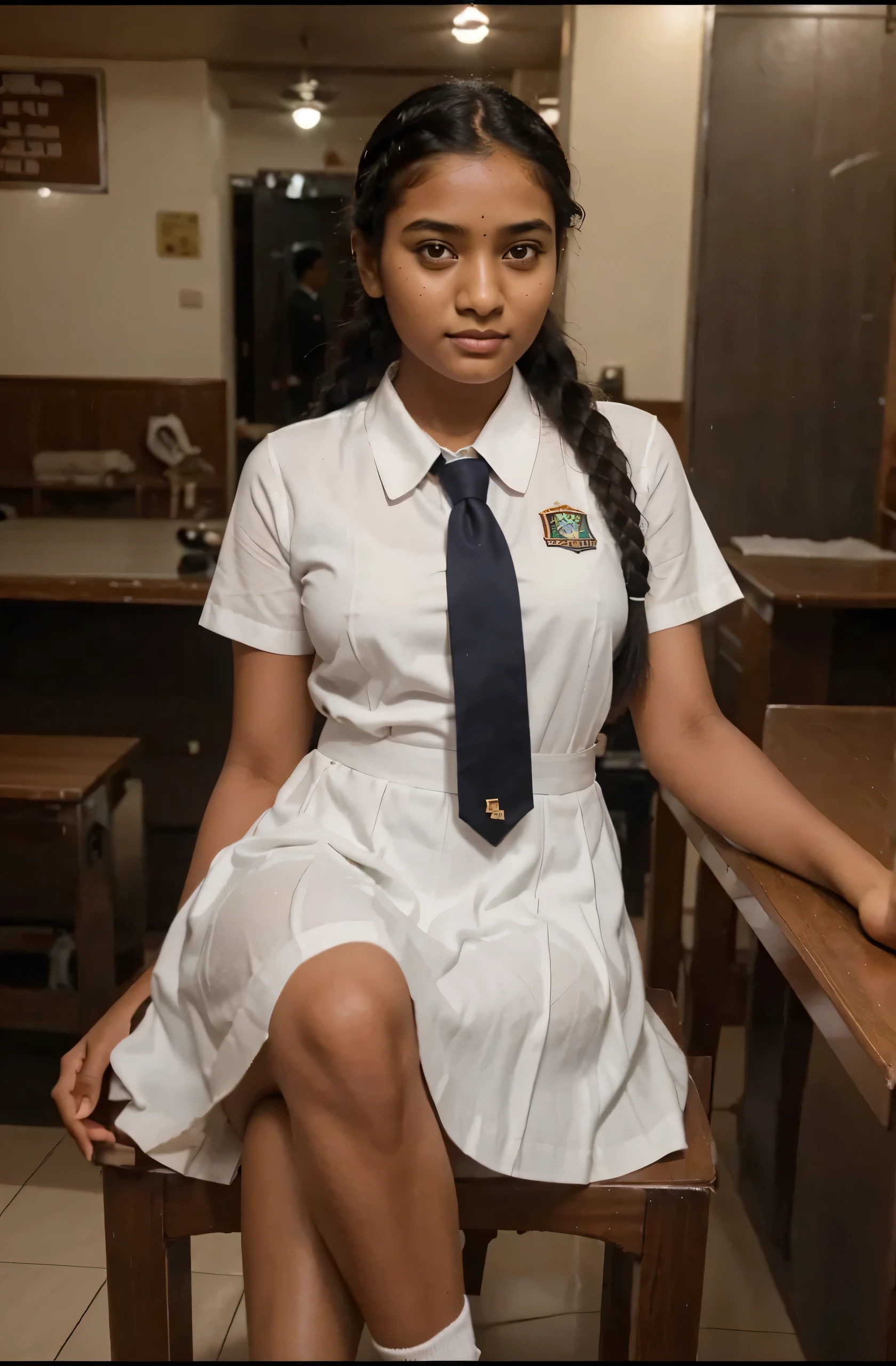 Cinematic view, photo realistic image, Sri Lankan school girl, 20 years old, wearing a white frock and a colored tie. She has plaits, black braided long black hair, tanned color, natural skin, Sri Lankan girl, wearing short socks and sneakers, sleeping on the bed in her room in Sri Lankan house