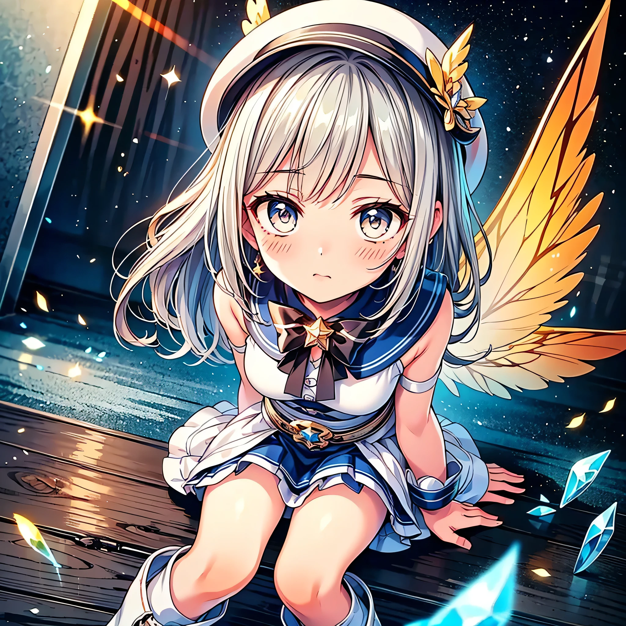 ((( pretty face、、 best composition、 best quality 、 Top Masterpieces、 more details、 high definition 、CG)))、(Masterpiece),  best quality ,  high definition , A White-haired star fairy girl with a magic wand、 Sickle,  small silk hat,  ruffle short skirt, White and blue outfit, Sickle, Magic Light ,Unique long boots 、Translucent fairy wings grow from the waist、