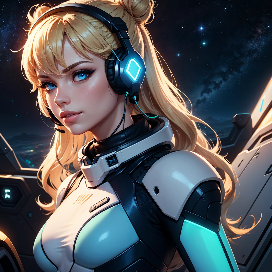 a beautiful blonde female astronaut, wearing a sleek purple and black spacesuit with intricate details, posing in a pinup style on the deck of a futuristic spaceship, (best quality,4k,8k,highres,masterpiece:1.2),ultra-detailed,(realistic,photorealistic,photo-realistic:1.37),extremely detailed face and eyes,beautiful detailed eyes,beautiful detailed lips,longeyelashes,intricate spacesuit details,futuristic spaceship interior,glowing lights,dramatic lighting,cinematic composition,vibrant colors,digital art,concept art