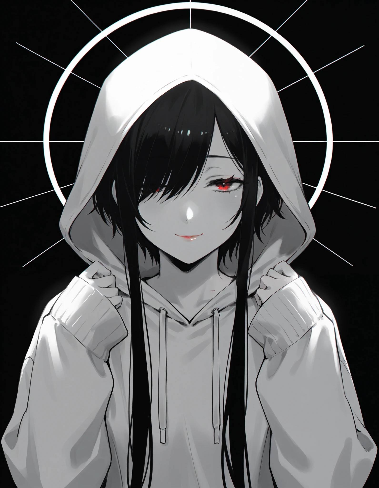 masterpiece, best quality,
1girl,
solo, looking at viewer, monochrome, hood, closed mouth, greyscale, upper body, spot color, bangs, black hair, short hair with long locks, simple background, swept bangs, sidelocks, black background, hoodie, lips, sketch, red eyes, dark background, long bangs, red lips, half-closed eye, neon trim, long sleeves, nose, sleeves past wrists, hair over one eye, hood up, halo, straight-on, smile, short hair