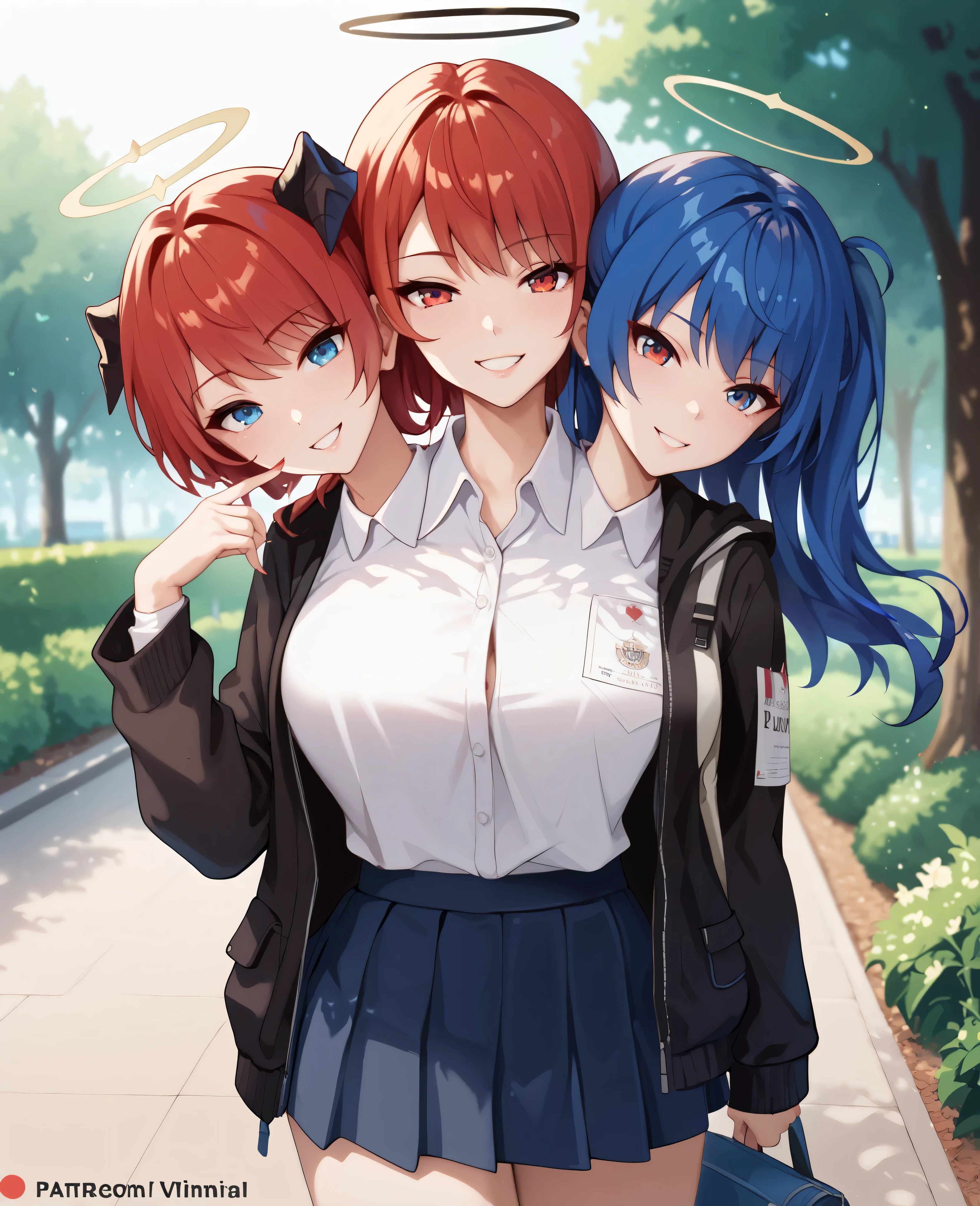 2heads, a tall thin woman with 2 heads, Exusiai, Mostima, red hair, blue hair, red eyes, blue eyes, halo, grinning, She is inside a school. She is walk in the park,