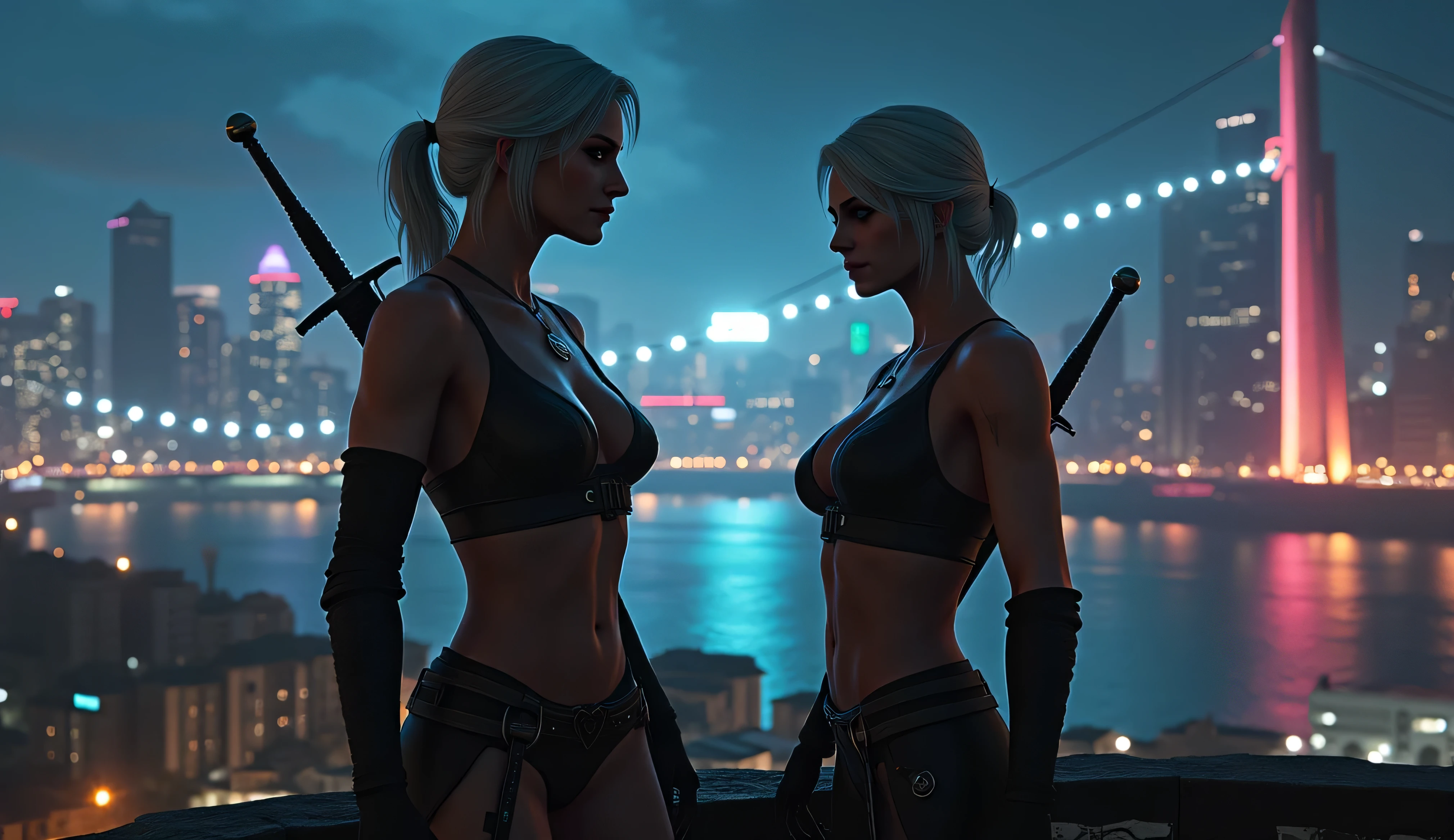 realistic photo, Ciri from The Witcher 3 smiles slyly , very high (the giantess), long strong legs , big breasts , sexy cyber punk clothes , athletic build , two swords behind , full-length photo , looking into the distance at the city at night with cyberpunk 2077 , Photo in great detail . Subjective camera ,