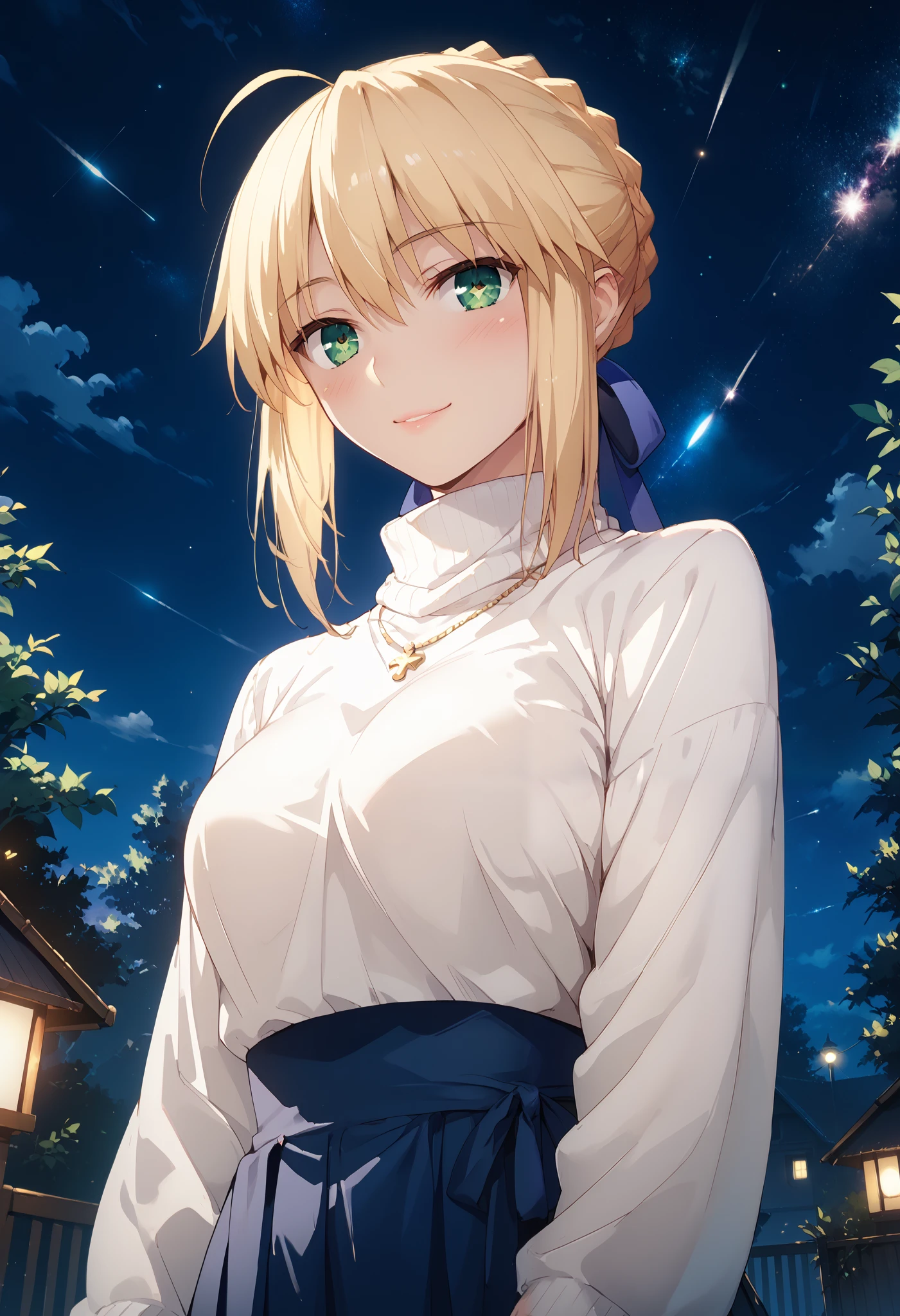 1girl, artoria pendragon (fate), solo, dutch angle, from below, blonde hair, blue ribbon, green eyes, (beautiful detailed eyes: 1.4), turtleneck sweater, outdoors, starry night, shooting star, cute smile, blush, seductive pose, wallpaper, masterpiece, natural lights, high quality, highly detailed