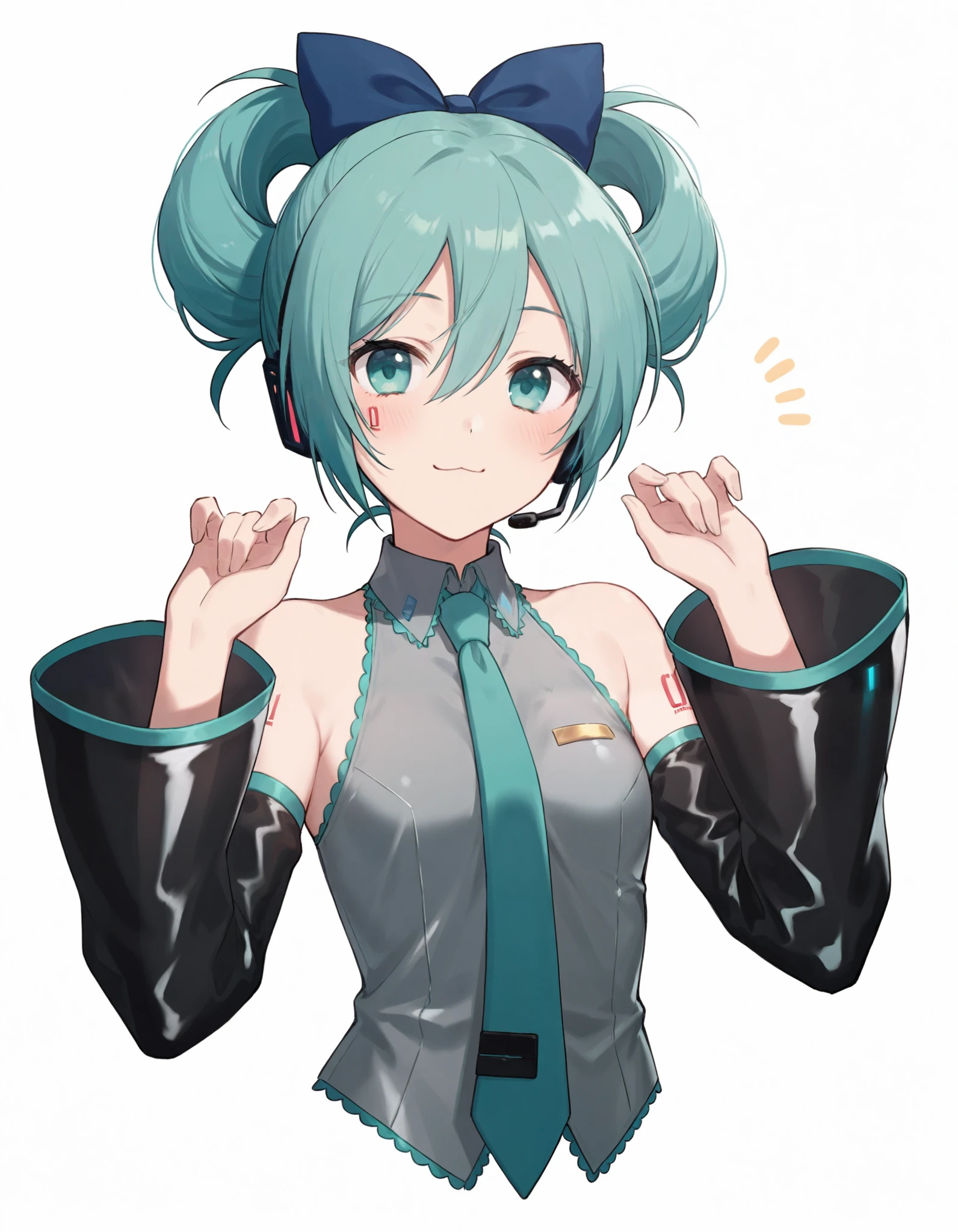 masterpiece,best quality,1girl, bow, necktie, detached sleeves, solo, hatsune miku, shirt, looking at viewer, smile, hair bow, headset, blue bow, white background, :3, upper body, cropped torso, updo, number tattoo, aqua eyes, sleeveless shirt, sleeveless, simple background, grey shirt, blush, aqua hair, bare shoulders, tattoo, black sleeves, collared shirt, closed mouth, hands up, aqua necktie, hair between eyes