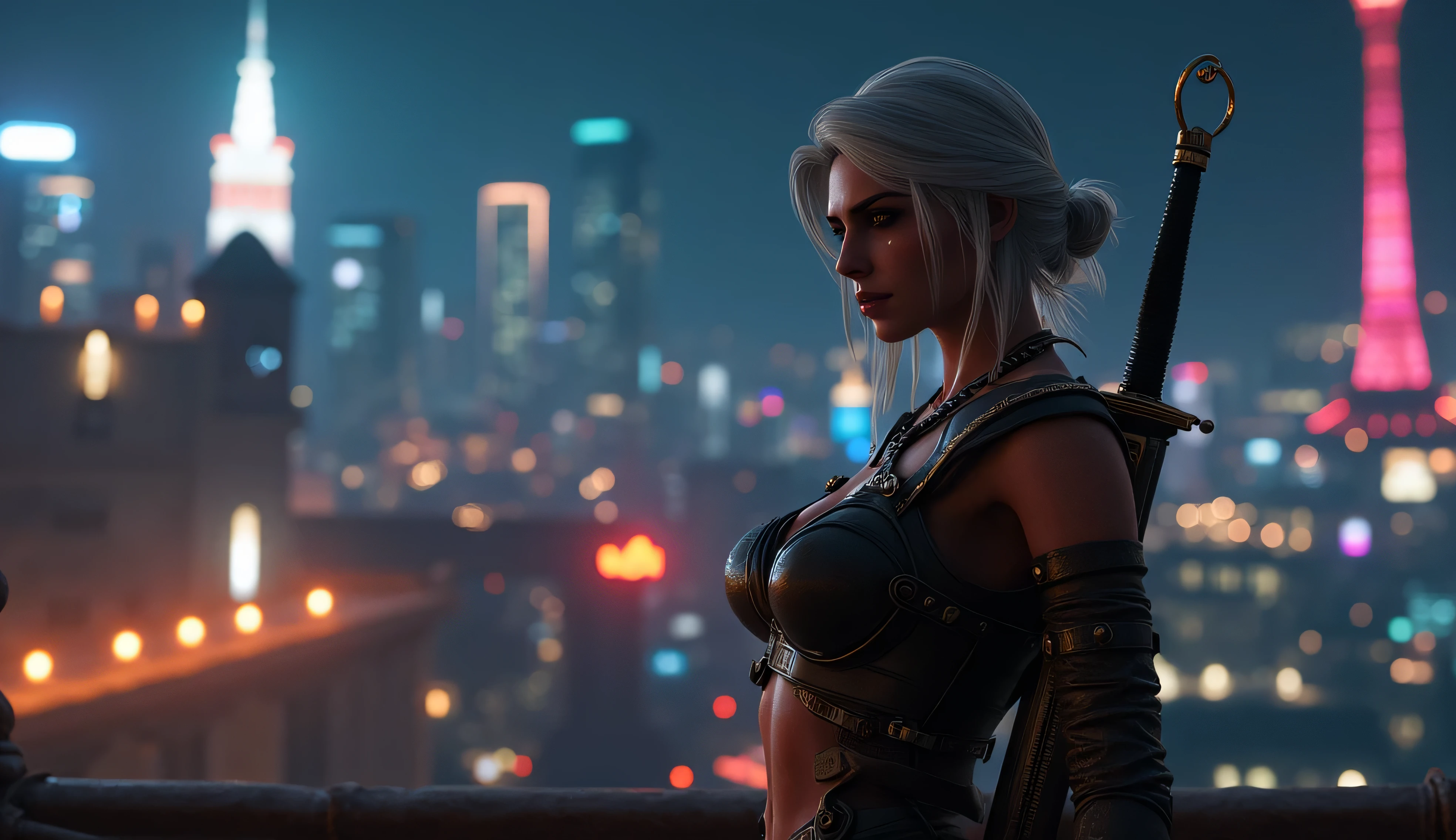 realistic photo, Ciri from The Witcher 3 smiles slyly , very high (the giantess), long strong legs , big breasts , sexy cyber punk clothes , athletic build , two swords behind , full-length photo , looking into the distance at the city at night with cyberpunk 2077 , Photo in great detail . Subjective camera ,