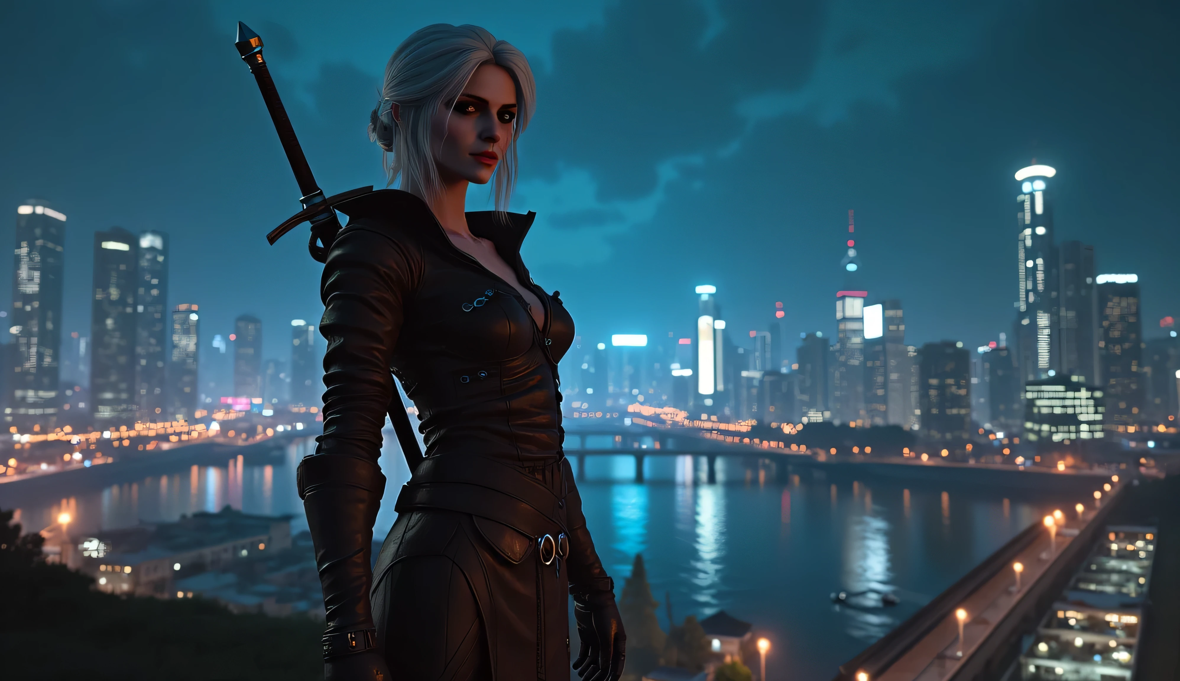 realistic photo, Ciri from The Witcher 3 smiles slyly , very high (the giantess), long strong legs , big breasts , sexy cyber punk clothes , athletic build , two swords behind , full-length photo , looking into the distance at the city at night with cyberpunk 2077 , Photo in great detail . Subjective camera ,