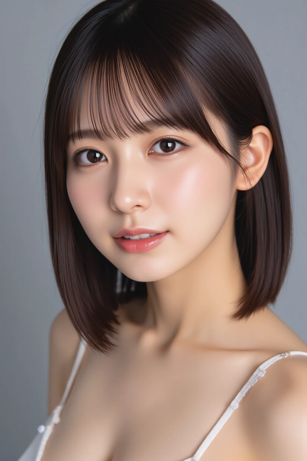 ((cute日本の女の子、beautiful japanese girl、1 girl、clear、19 years old、ponytail、dark purple sexy purple swimsuit、dark purple sexy purple underwear、F cup、big breasts、Beautiful and well-shaped breasts、Highly detailed face and skin texture、refinement、super detailed face、highly detailed eyes、Lee Hong、blush、cheek、ピンクのcheekを塗ったcheek、close-up of woman、 from the neck up、 Close to the camera、 positive face、Forward-facing body、look at the camera、front、cute、smooth white skin、Transparent skin texture、))、(dark brown hair、bangs)、beautiful woman with perfect style:1.4、japanese model、young gravure idol、若いcuteグラビアアイドル、Realistic young gravure idol、refinementされたグラビアアイドル、((highest quality、8K、masterpiece:1.3、1photograph))、(4K、RAWphotograph、highest quality)、(realistic、フォトrealistic:1.37)、Place someone on the other side of the screen、Natural light、